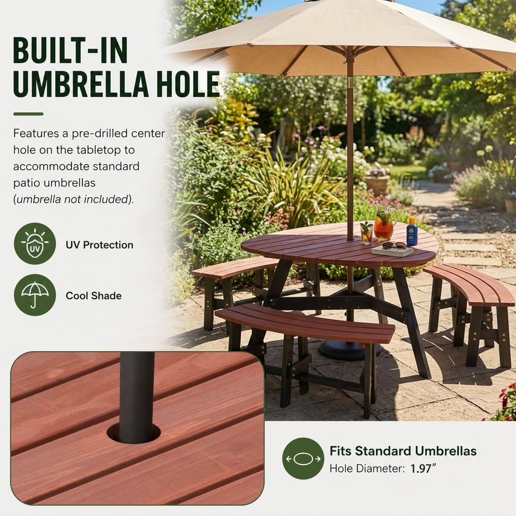 6-Person Semi-Circular Outdoor Solid Fir Wood Picnic Table Set