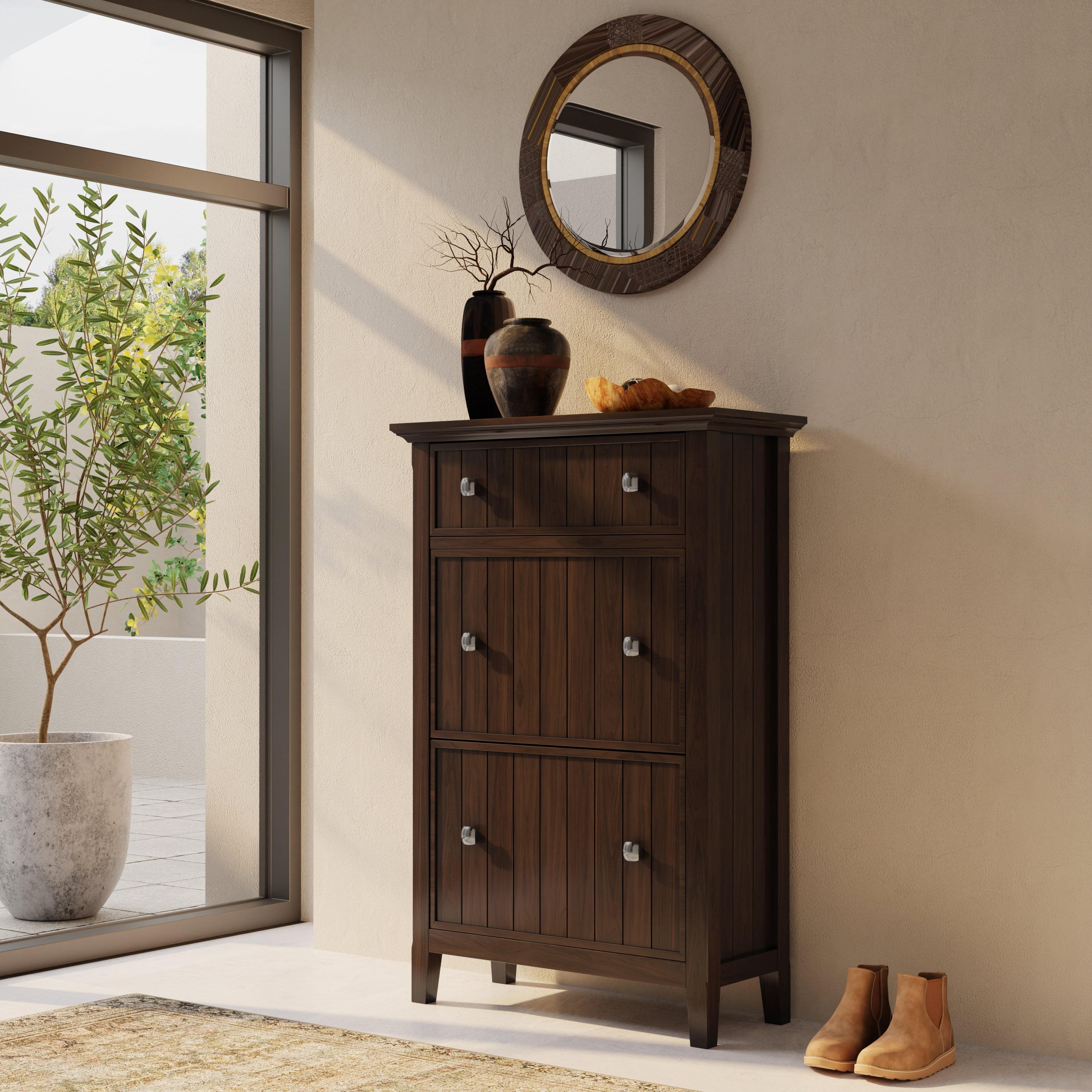Acadian 32 Inch Wide Solid Wood Entryway Shoe Storage Cabinet in Brunette