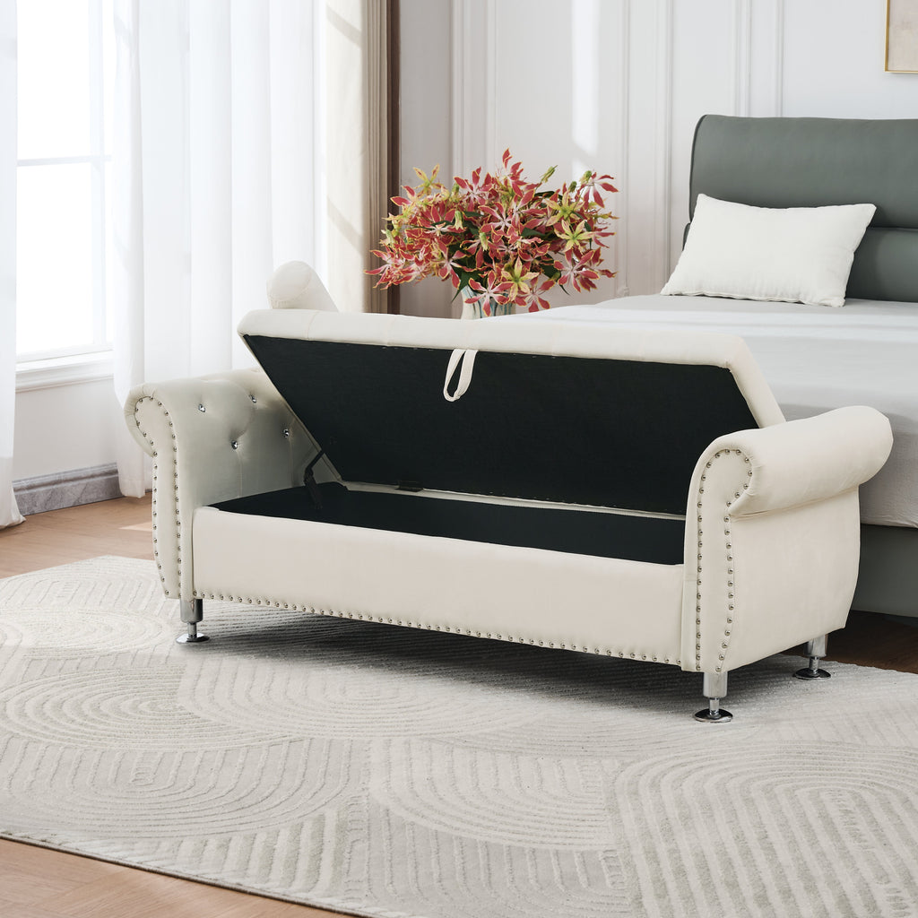 62.2 Inch Soft Velvet Storage Bench with Crystal Buttons