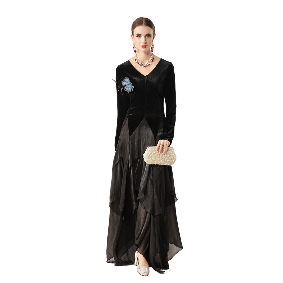 Velvet Smooth V-neck Long-sleeve Patchwork Asymmetrical Hem Maxi Dress