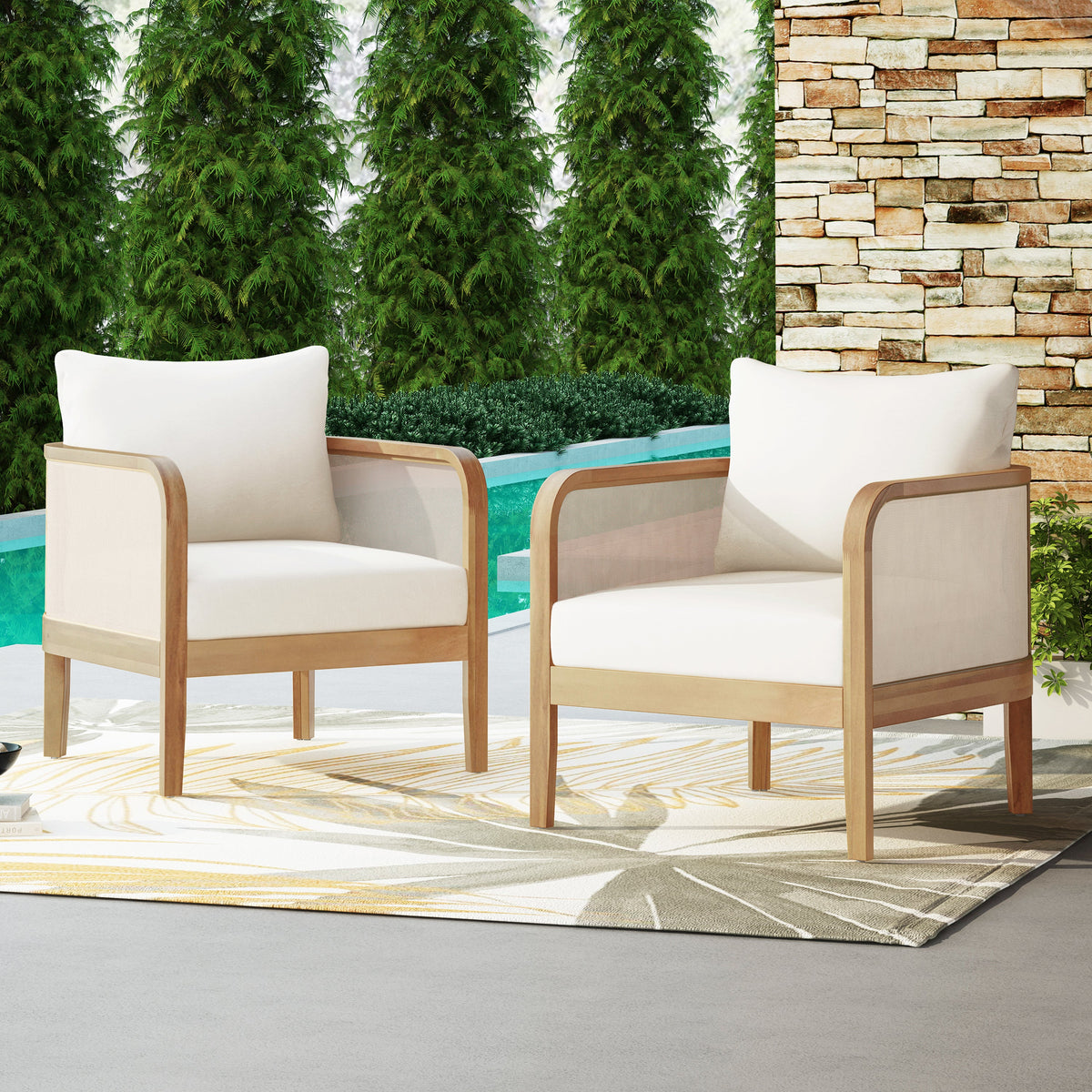 Outdoor Acacia Wood Patio Club Chair Set (Set of 2)