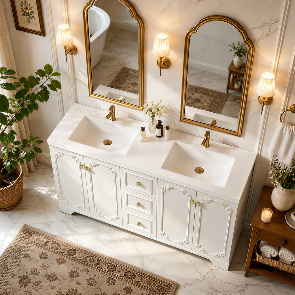 60" White French-Style Bathroom Vanity Cabinet