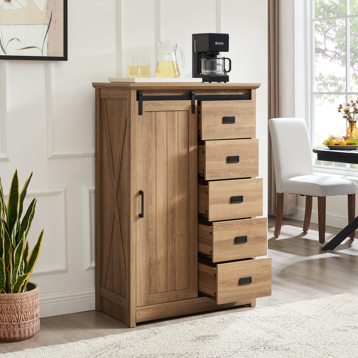 Farmhouse Modern 5 Drawer Dresser with Sliding Barn Door