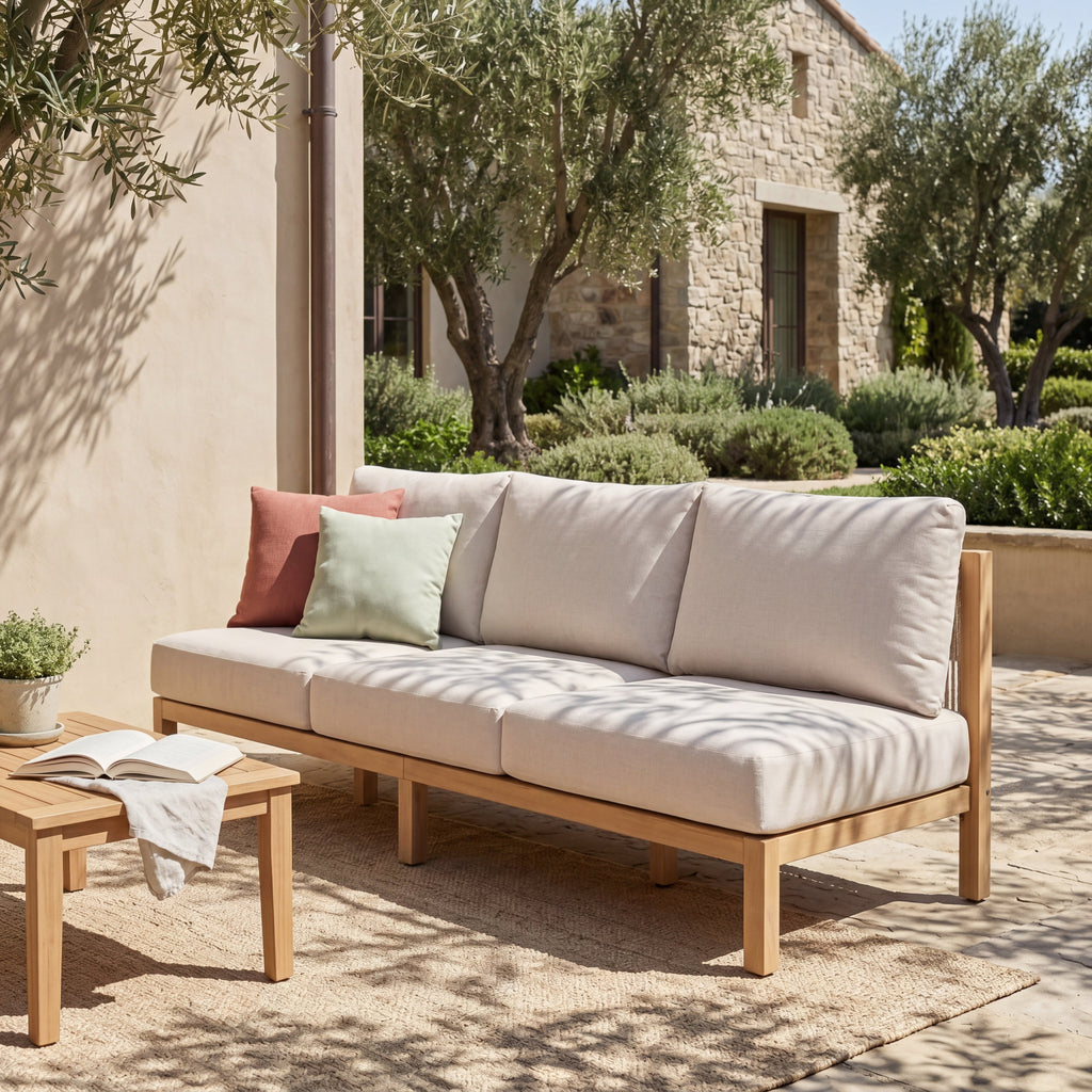 73.23" Outdoor Acacia Wood Frame Three-Seater Sofa