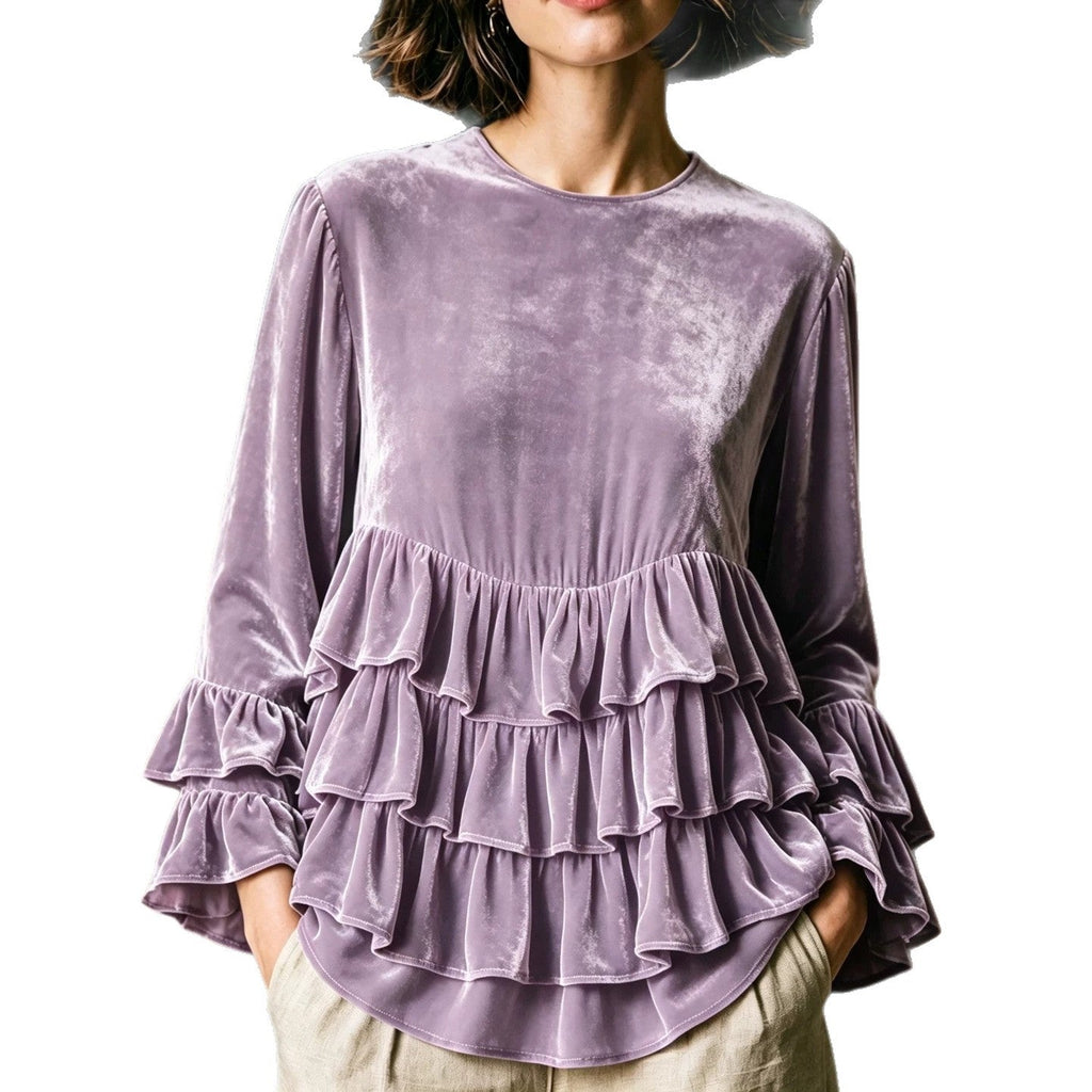 Womens Long-Sleeve Solid-Color Crew-Neck Ruffle-Trim Casual Loose-Fit Top