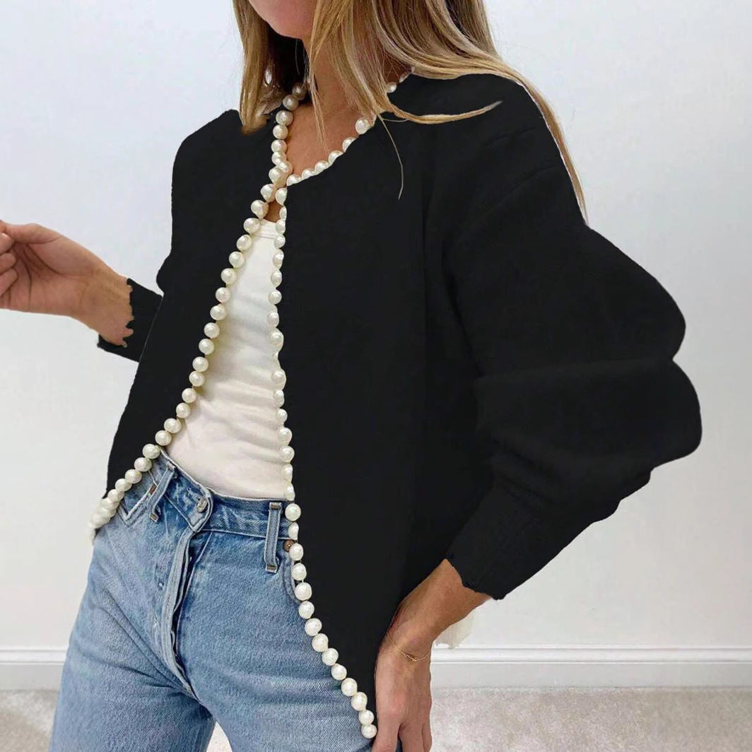 Cross-border European And American 2026 Round Neck Pearl Trim Knit Sweater Short Long Sleeve Heavy Craft Cardigan Fashion Coat For Women