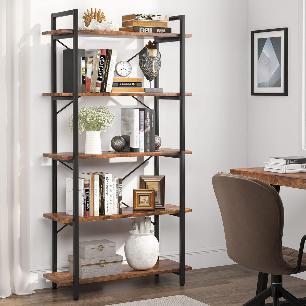63" Tall 5-Tier Rustic Brown Industrial Bookshelf