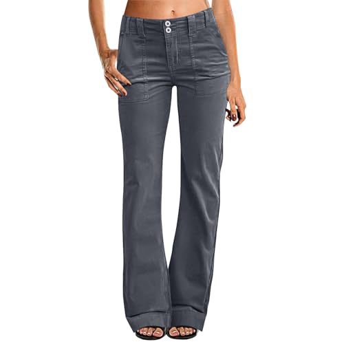 Women's Multi Pocket Stretch Elastic Waist Twill Cotton Pants  High Waisted, Comfortable Form Fitting  Formal Casual Wide Leg Pants
