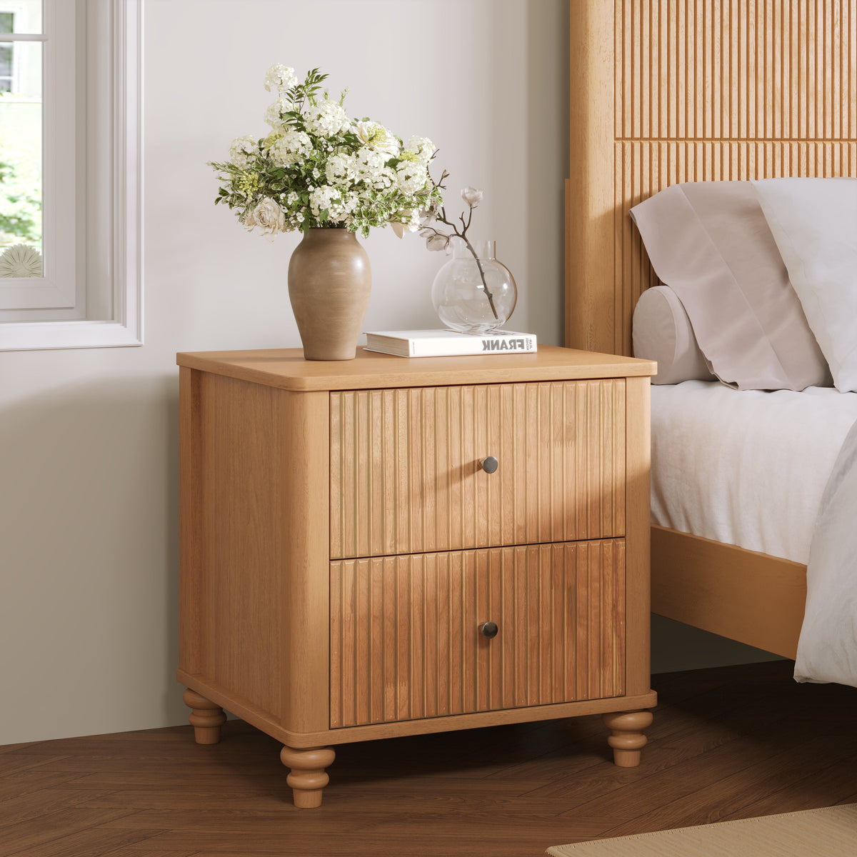 Fluted Nightstand with 3 Drawers
