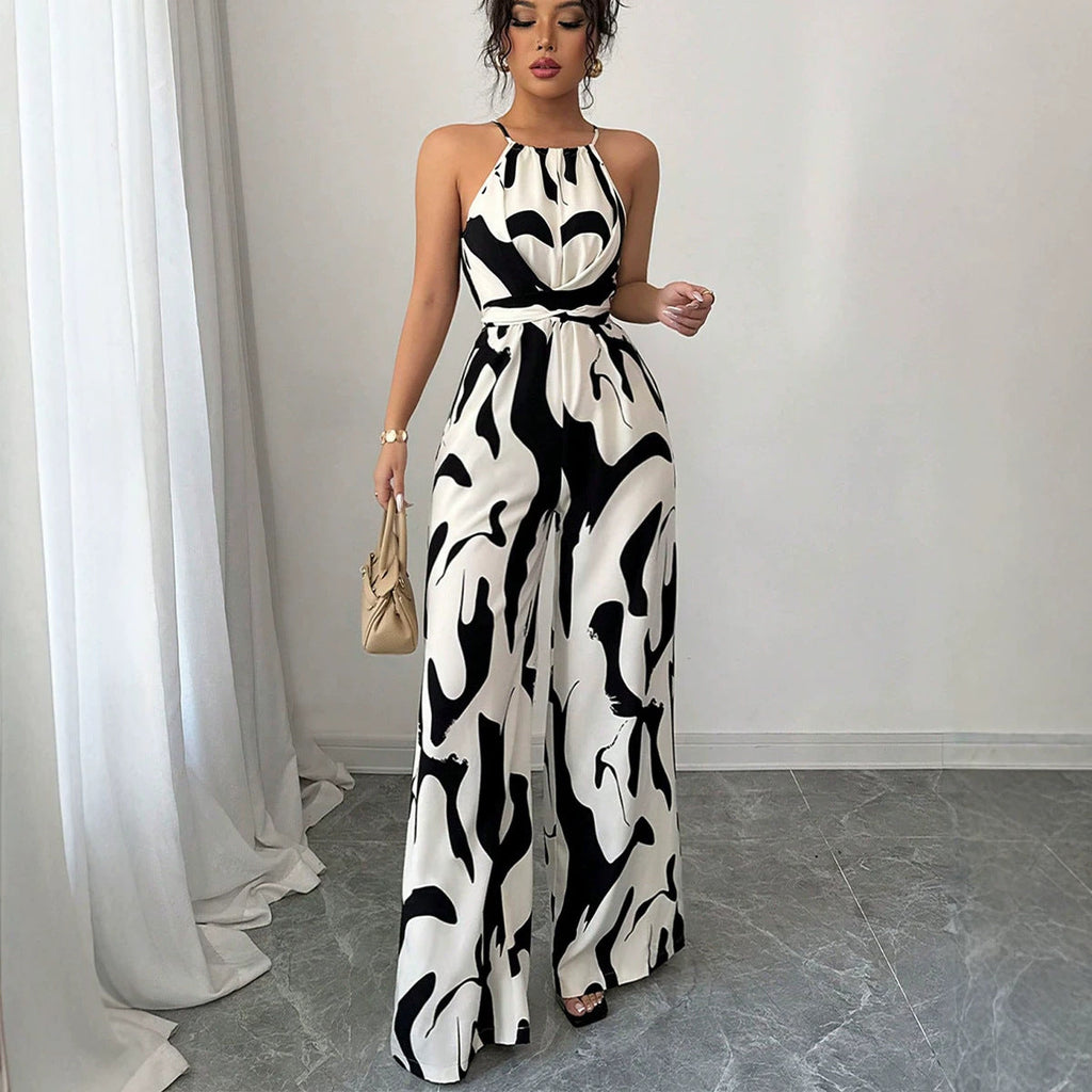 Cross-Border Foreign Trade Halter Neck Jumpsuit  Summer European And American Style Milk Pattern Tie-Up Halter Jumpsuit For Women