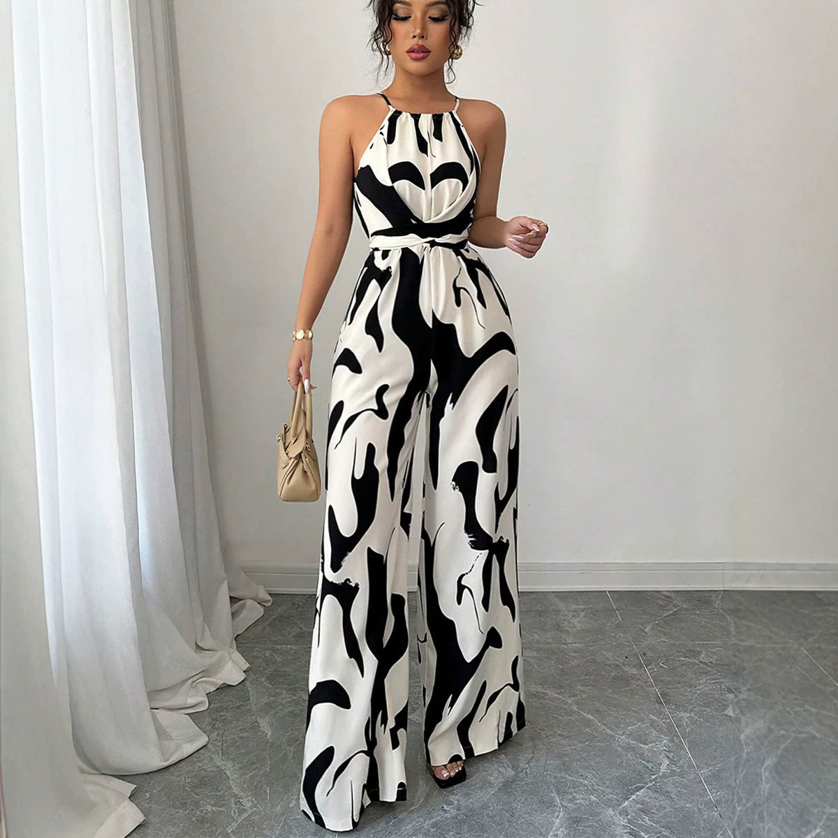 Cross-Border Foreign Trade Halter Neck Jumpsuit  Summer European And American Style Milk Pattern Tie-Up Halter Jumpsuit For Women