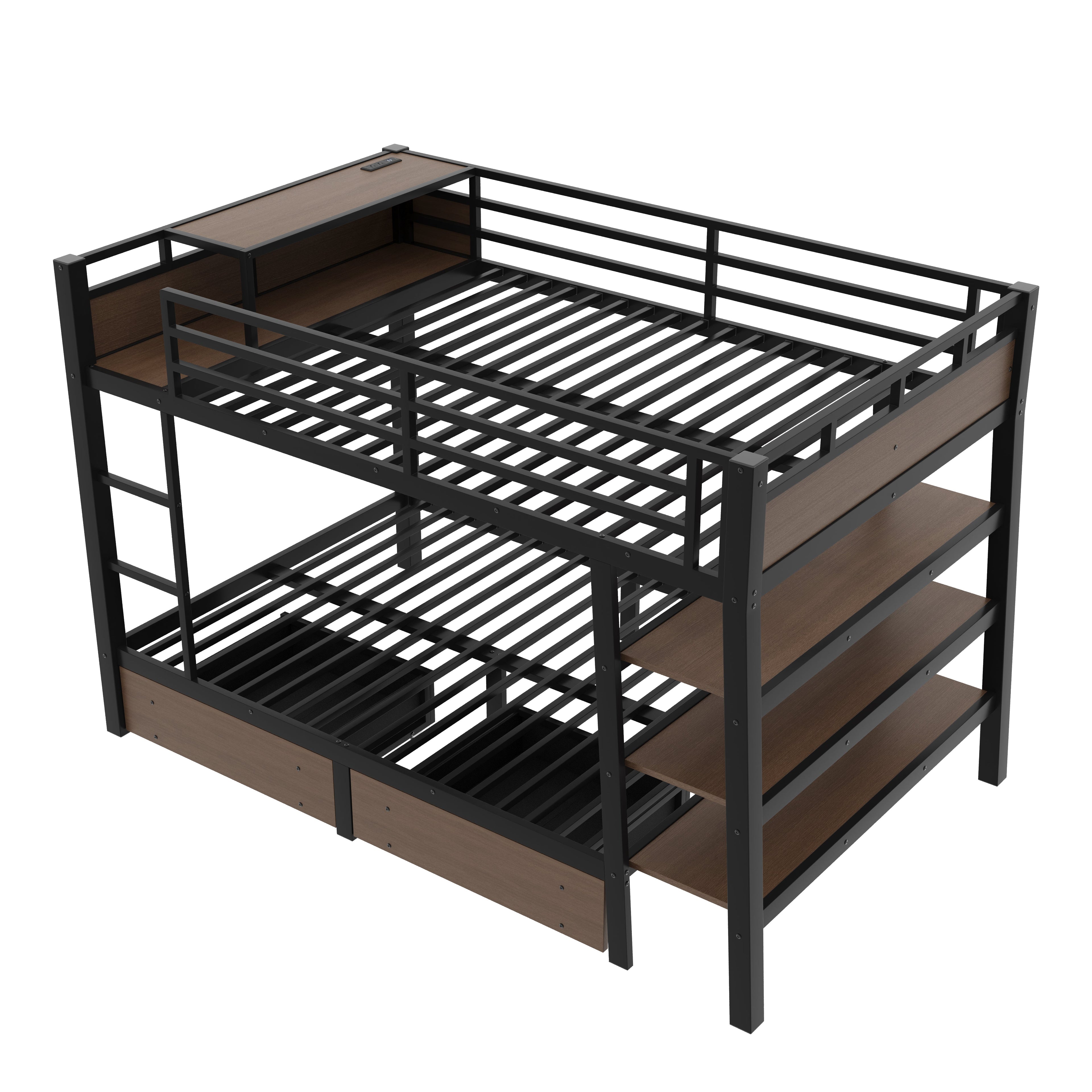 Full Size Metal Bunk Bed with Storage Shelves, LED Light Strip, and USB Power Strip