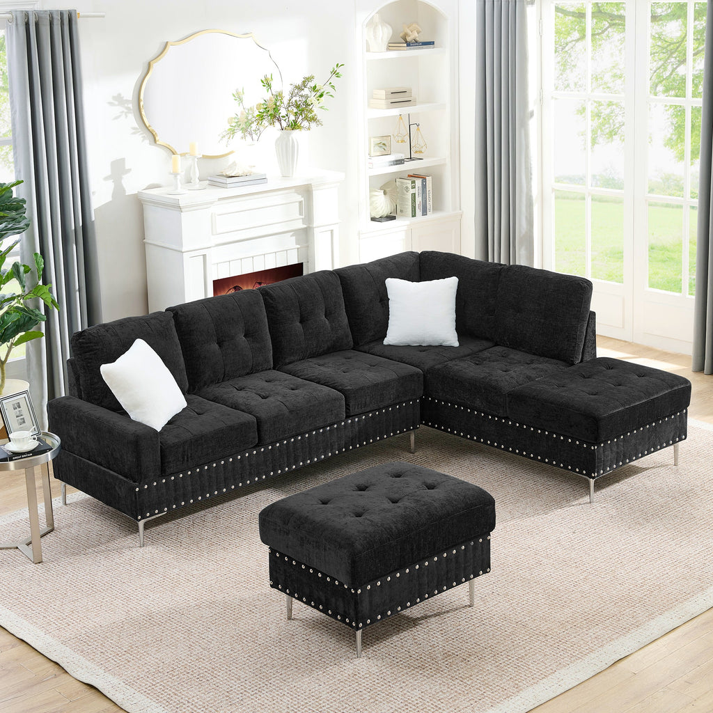 L-Shaped Chenille Sectional Sofa with Chaise and Storage Ottoman