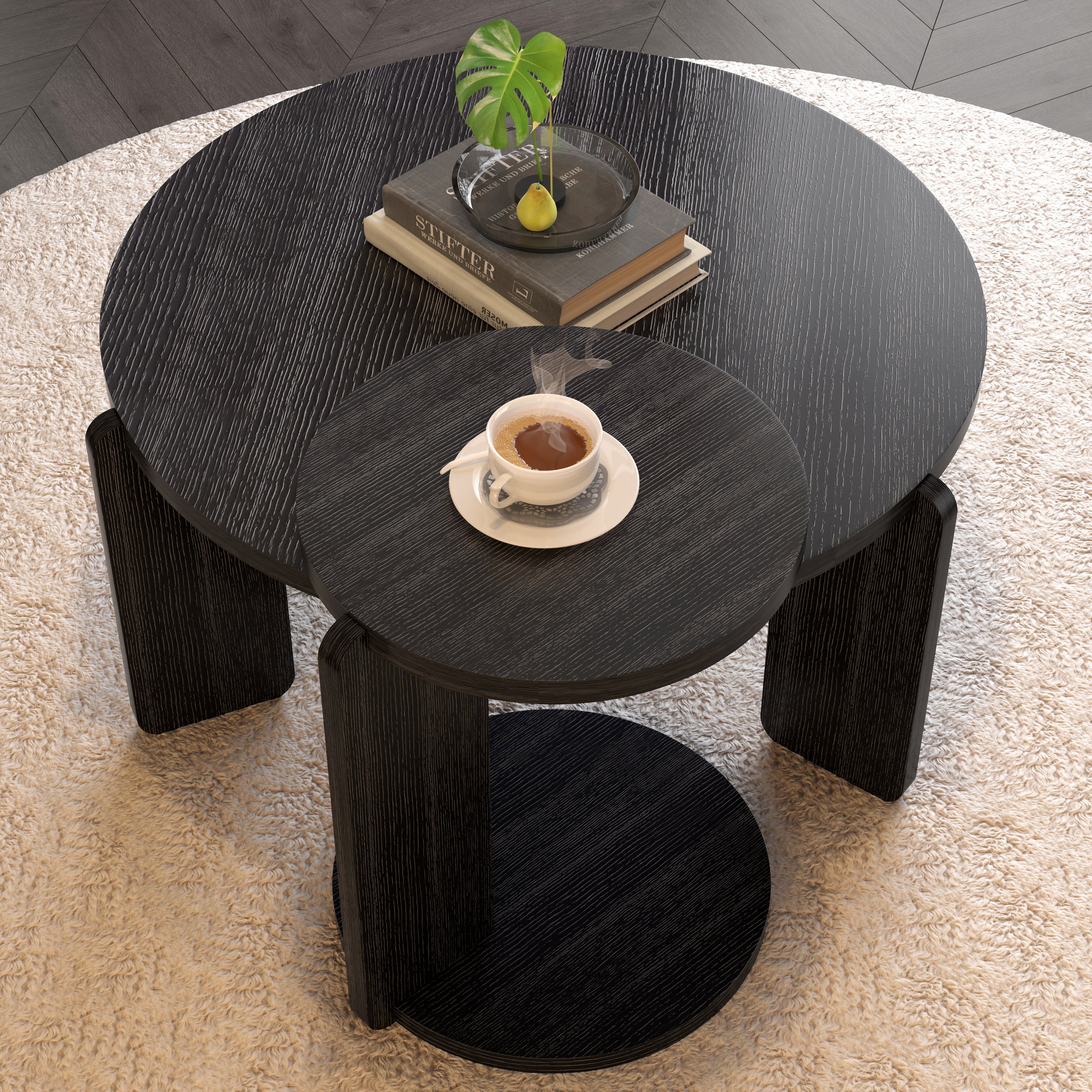 Nesting Round Wood Coffee Table with End Table Set of 2