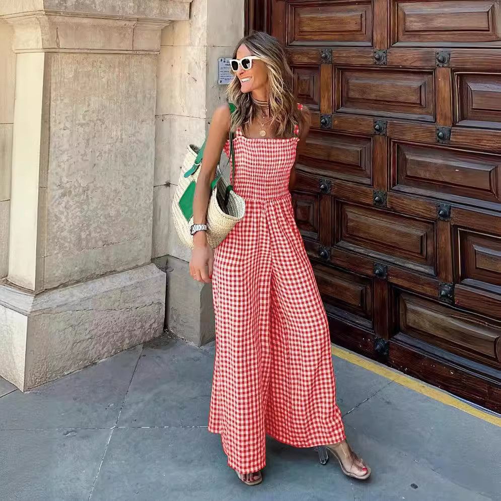 Cross-Border Independent Station Amazon 2022 Summer Elegant Women's Pants Plaid Jumpsuit Mid-Waist Casual Pants
