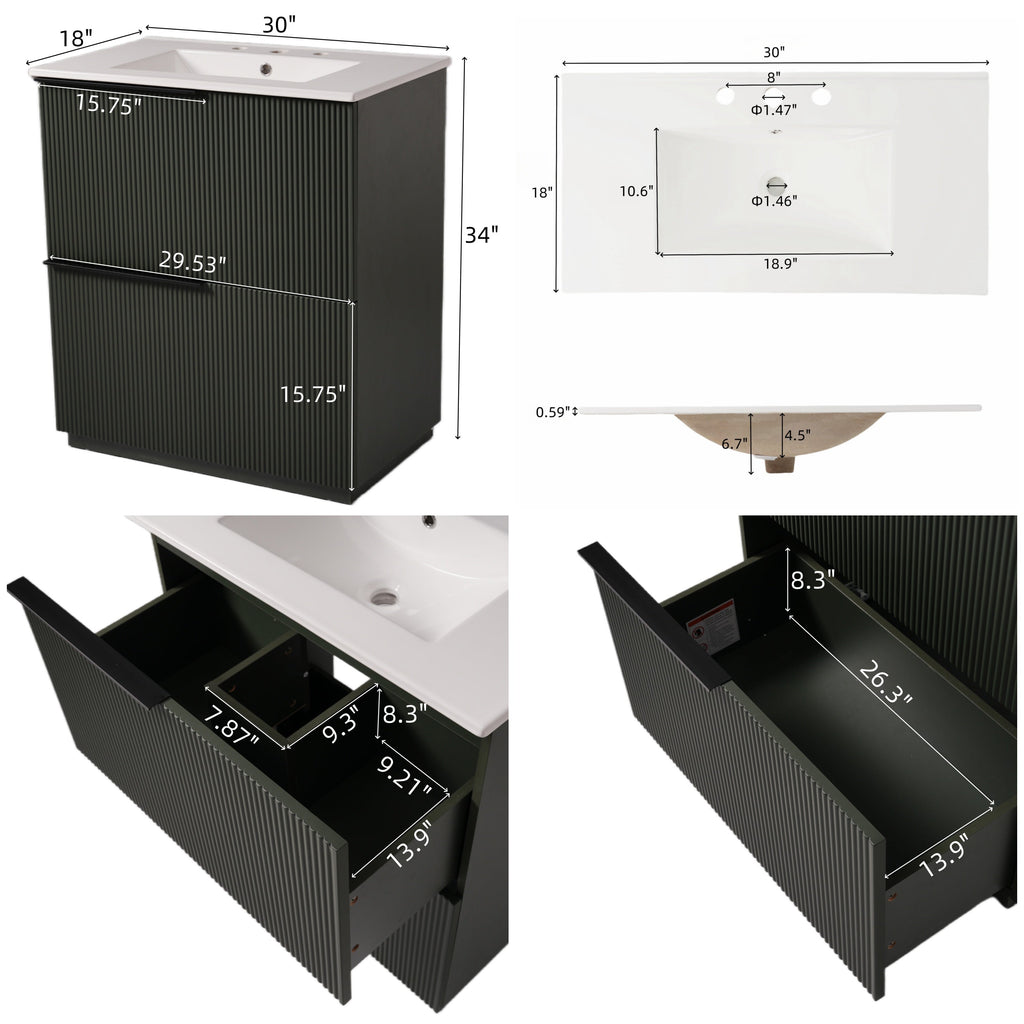 30" Bathroom Vanity with Ceramic Sink and Full-Extension Drawers