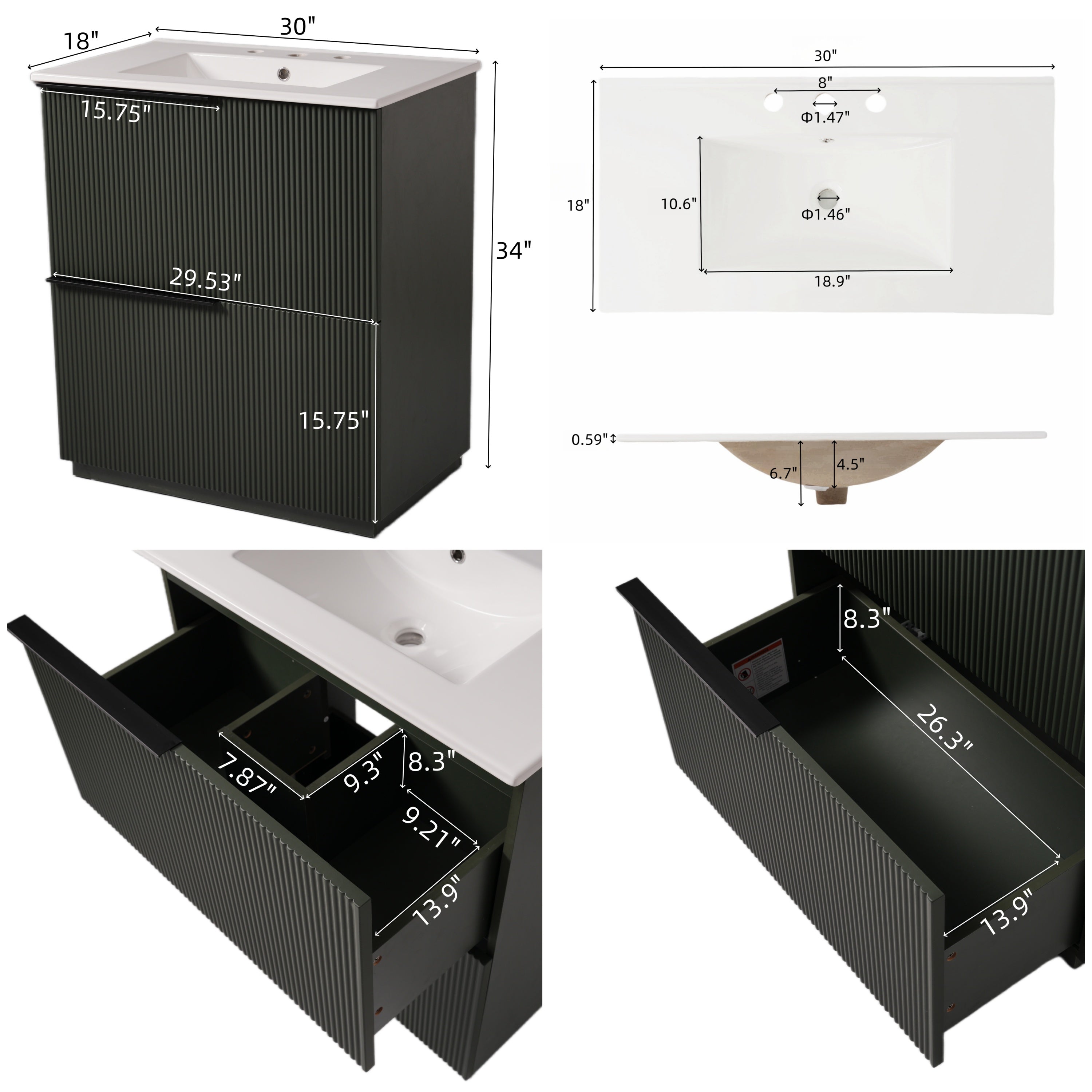 30" Bathroom Vanity with Ceramic Sink and Full-Extension Drawers
