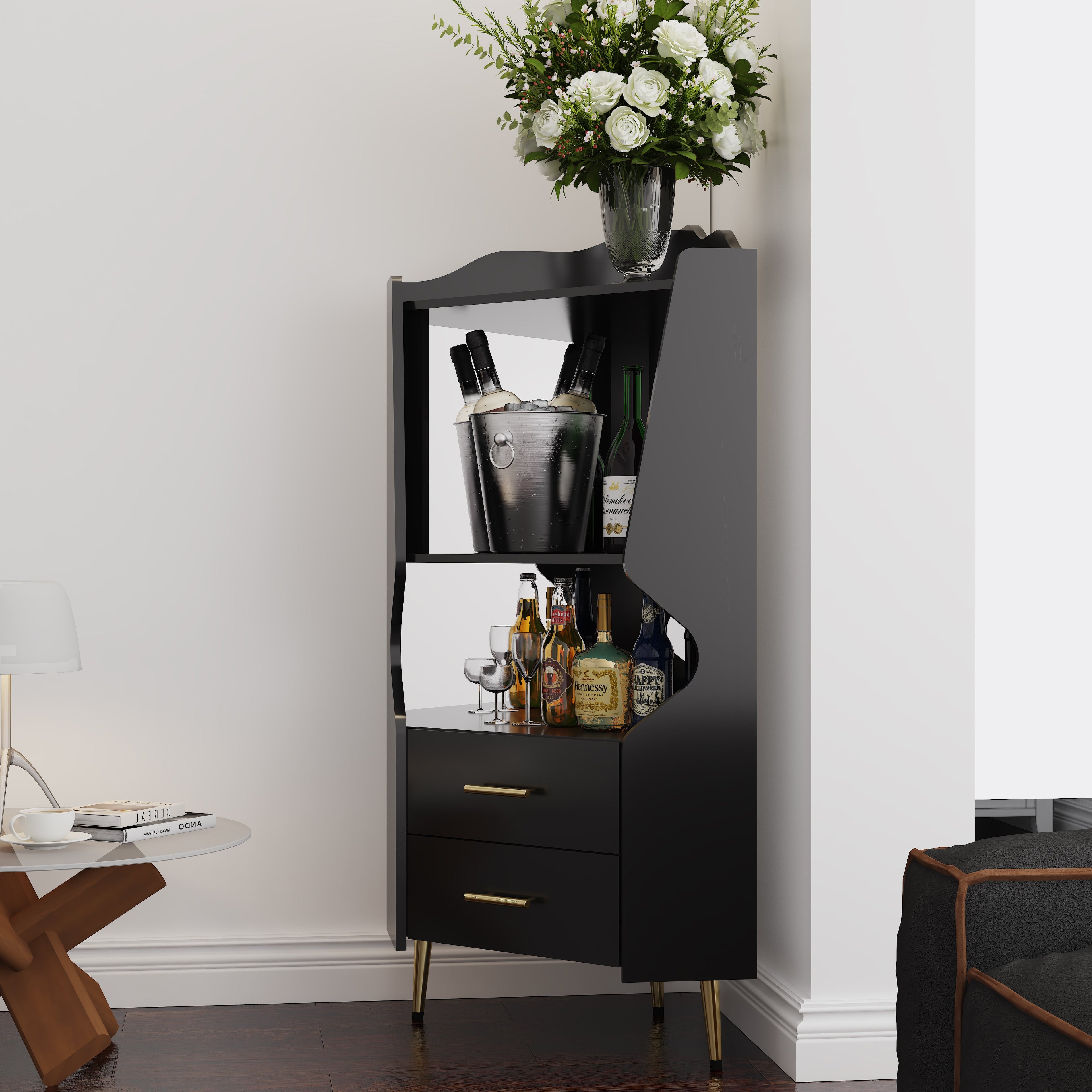 Wooden Corner Bar Cabinet With 2 Open Storage Shelves And 2 Drawers