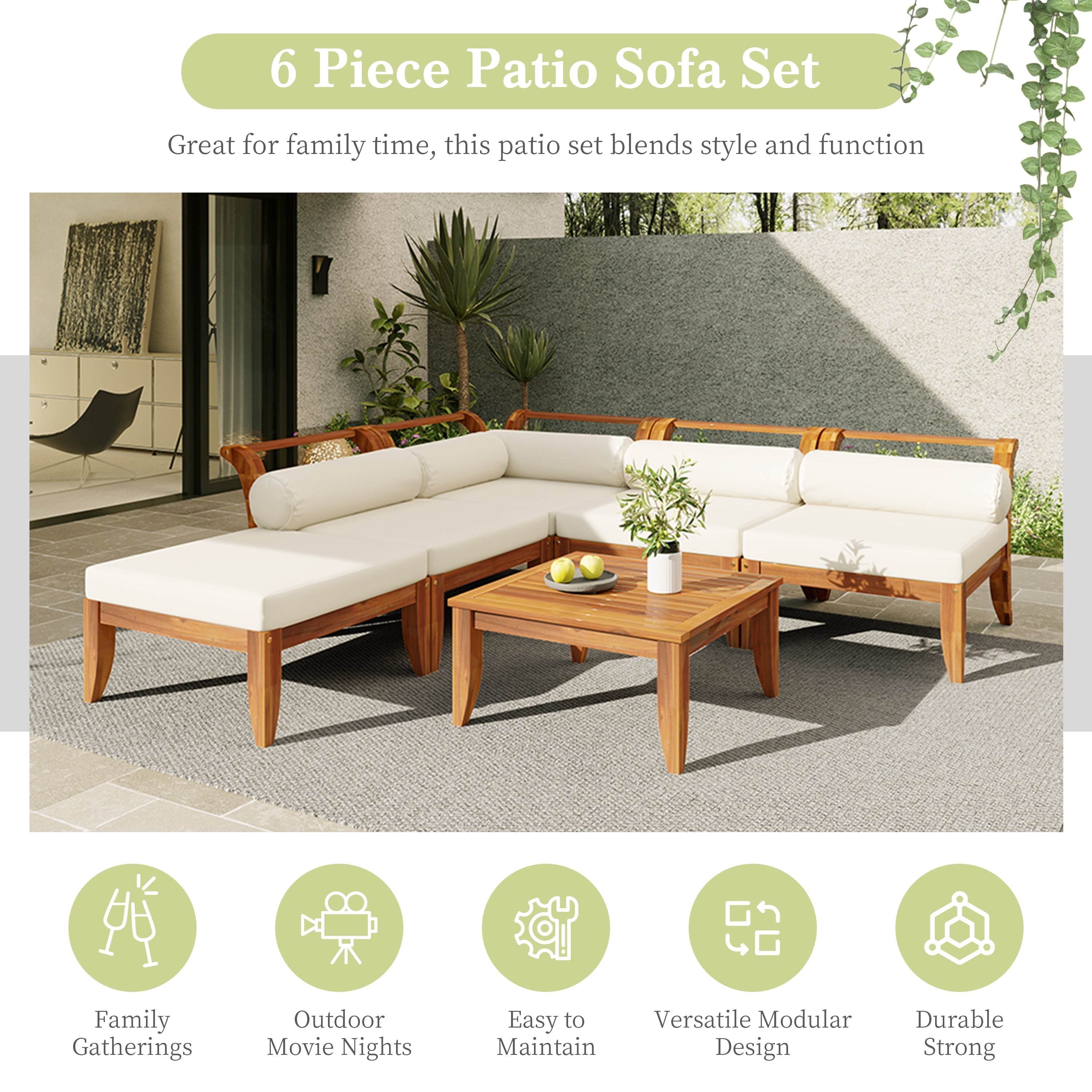 TOPMAX 6 Piece Patio Sofa Set - Acacia Wood Modular Sectional