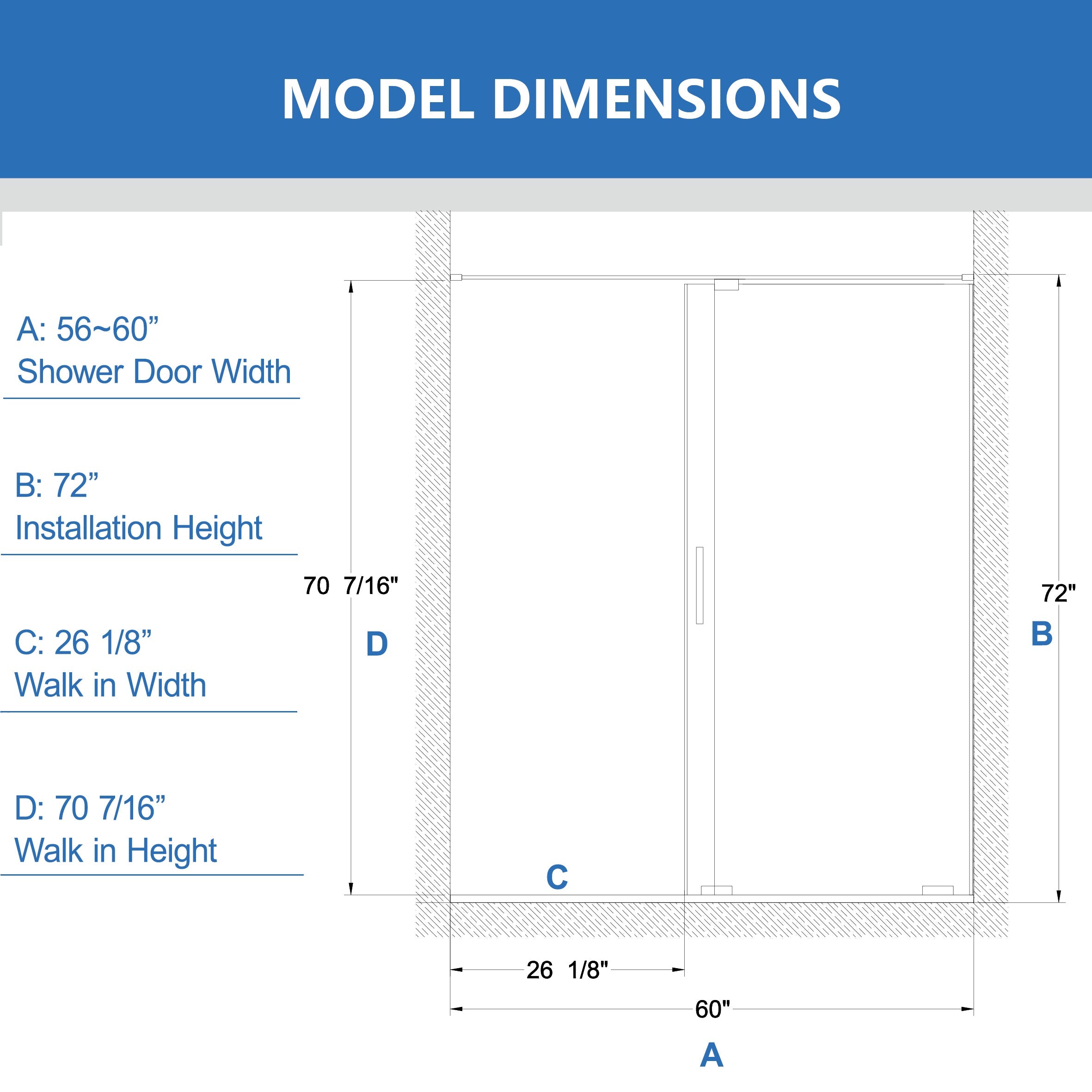 56-60" W x 72" H Semi-Frameless Sliding Shower Door