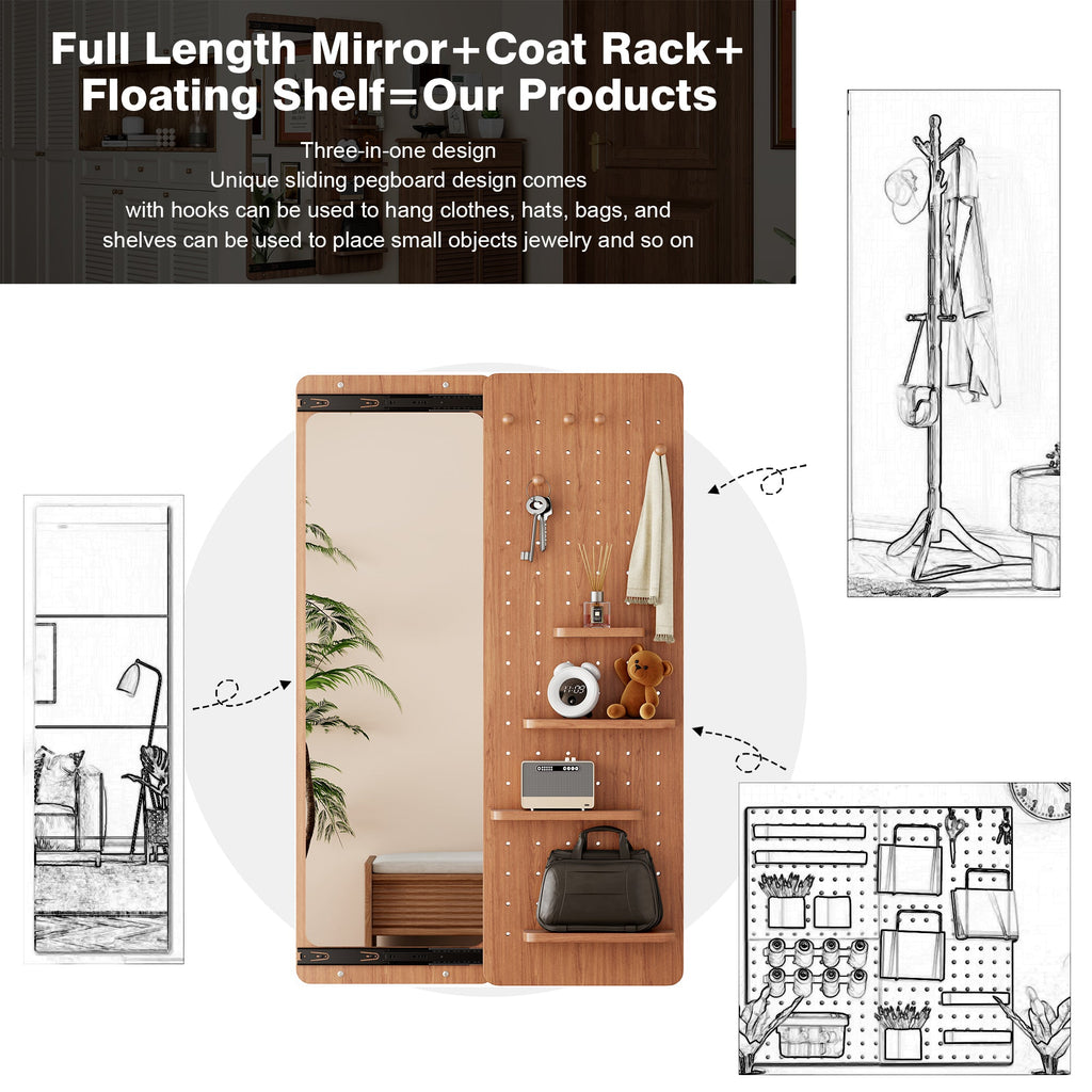 Cherry Color Wall-Mounted Full-Length Mirror