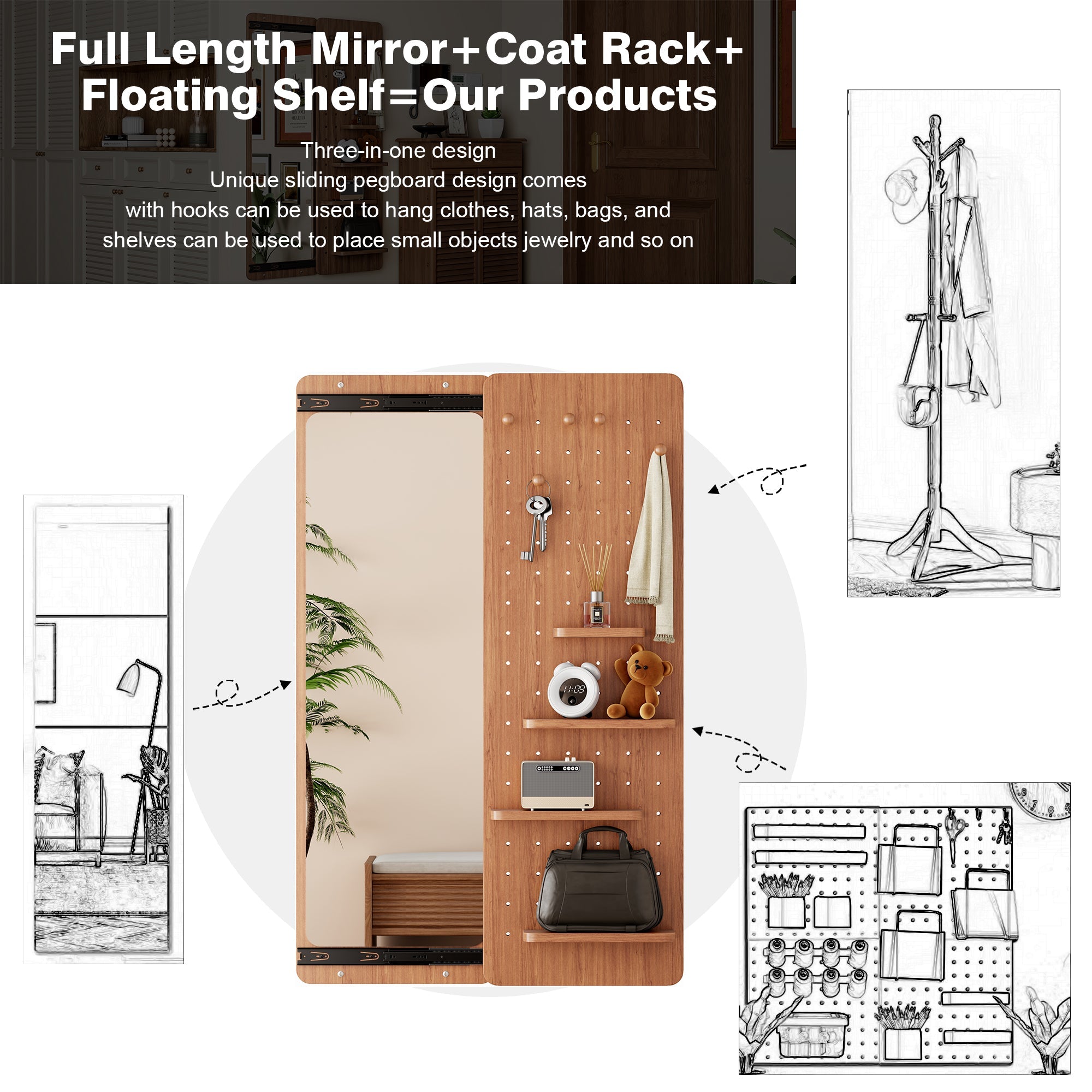 Cherry Color Wall-Mounted Full-Length Mirror
