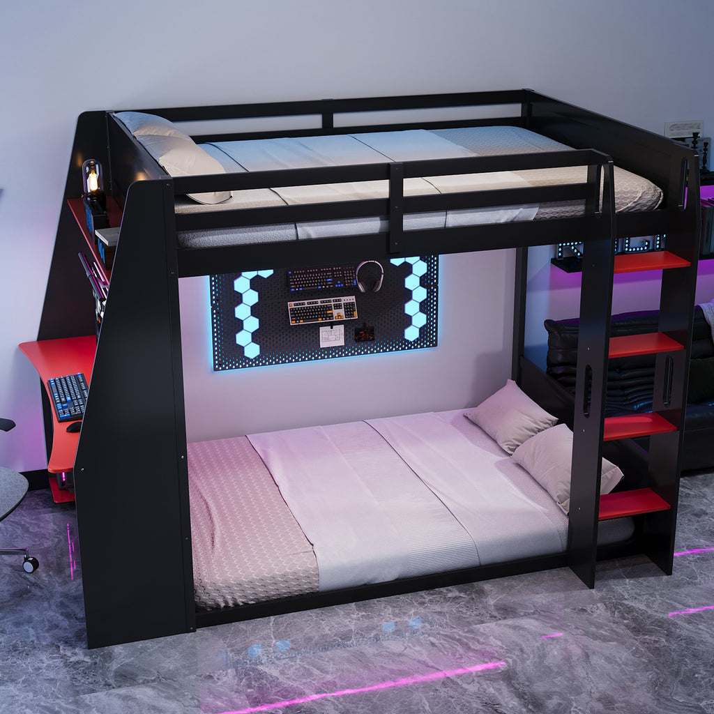 Full Size Wooden Gaming Bunk Bed with Desk and Storage