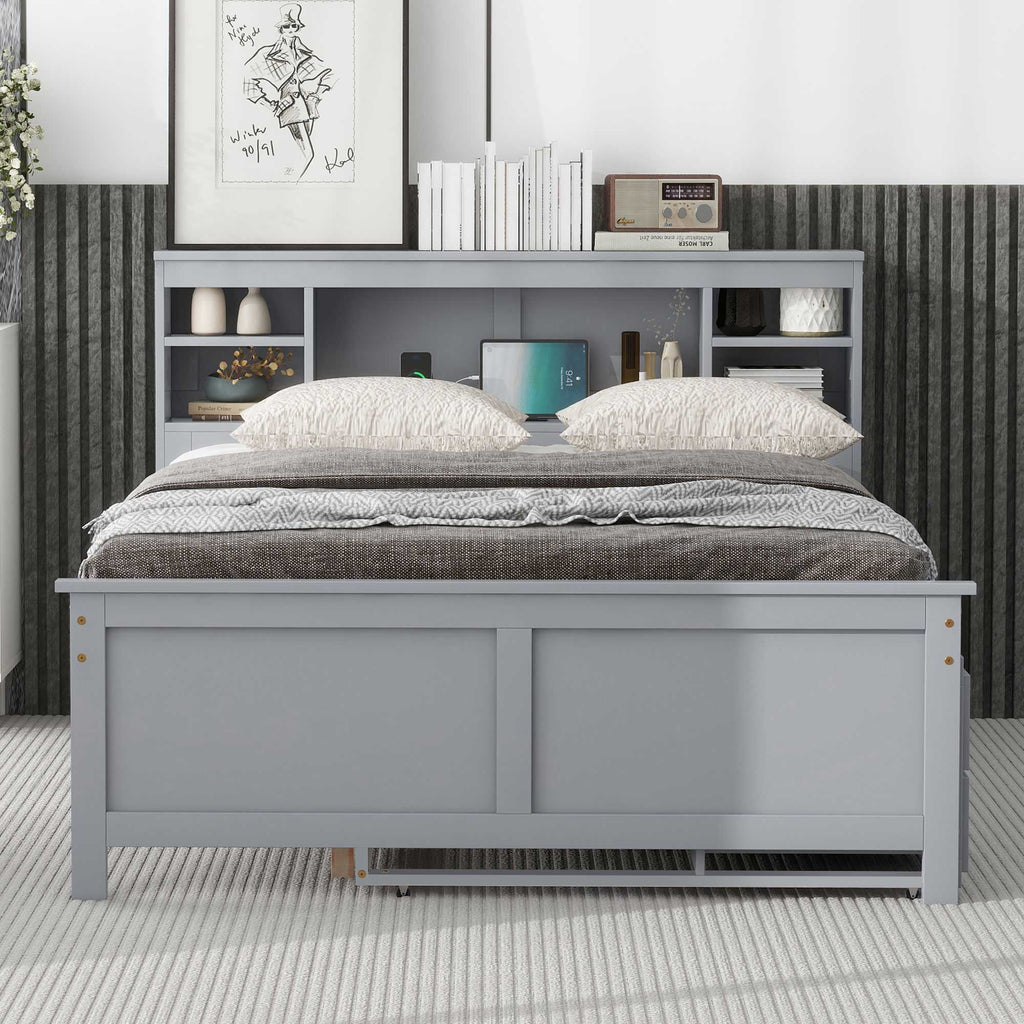 Full Size Platform Bed with Storage Headboard, USB, Twin Size Trundle and 3 Drawers