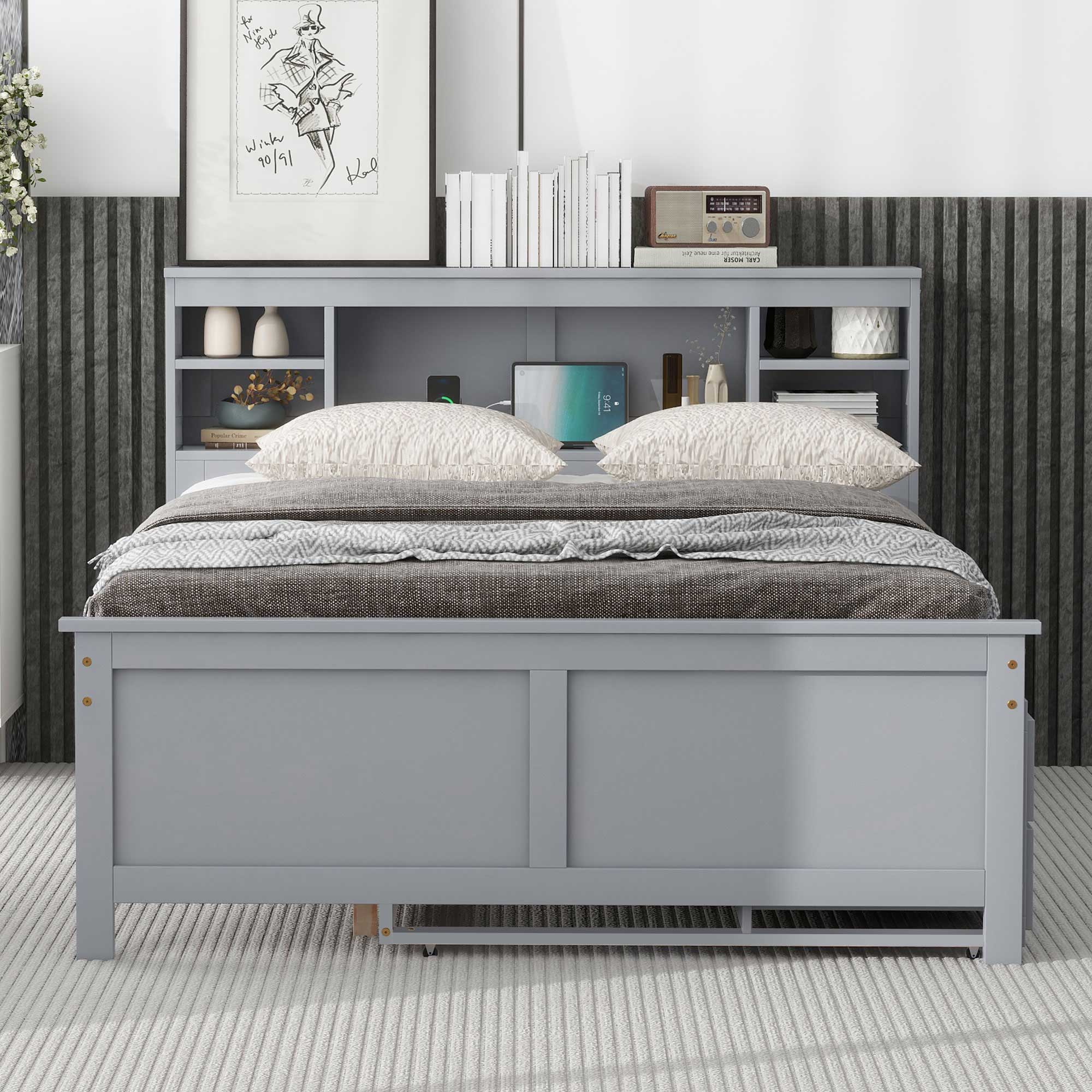 Full Size Platform Bed with Storage Headboard, USB, Twin Size Trundle and 3 Drawers