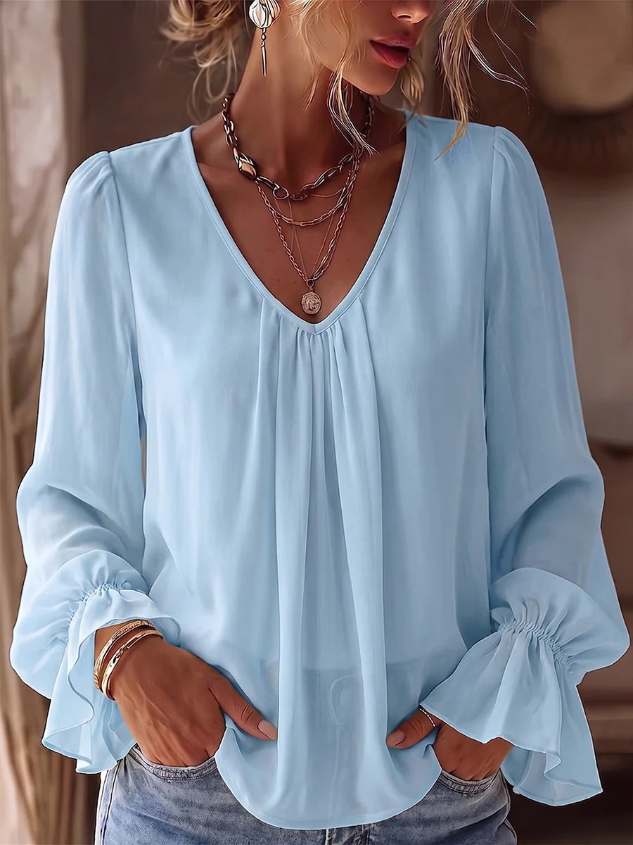 European And American Cross-border Amazon New V-neck Pleated Elegant Loose Casual Solid Color Long-sleeve Women's Shirt