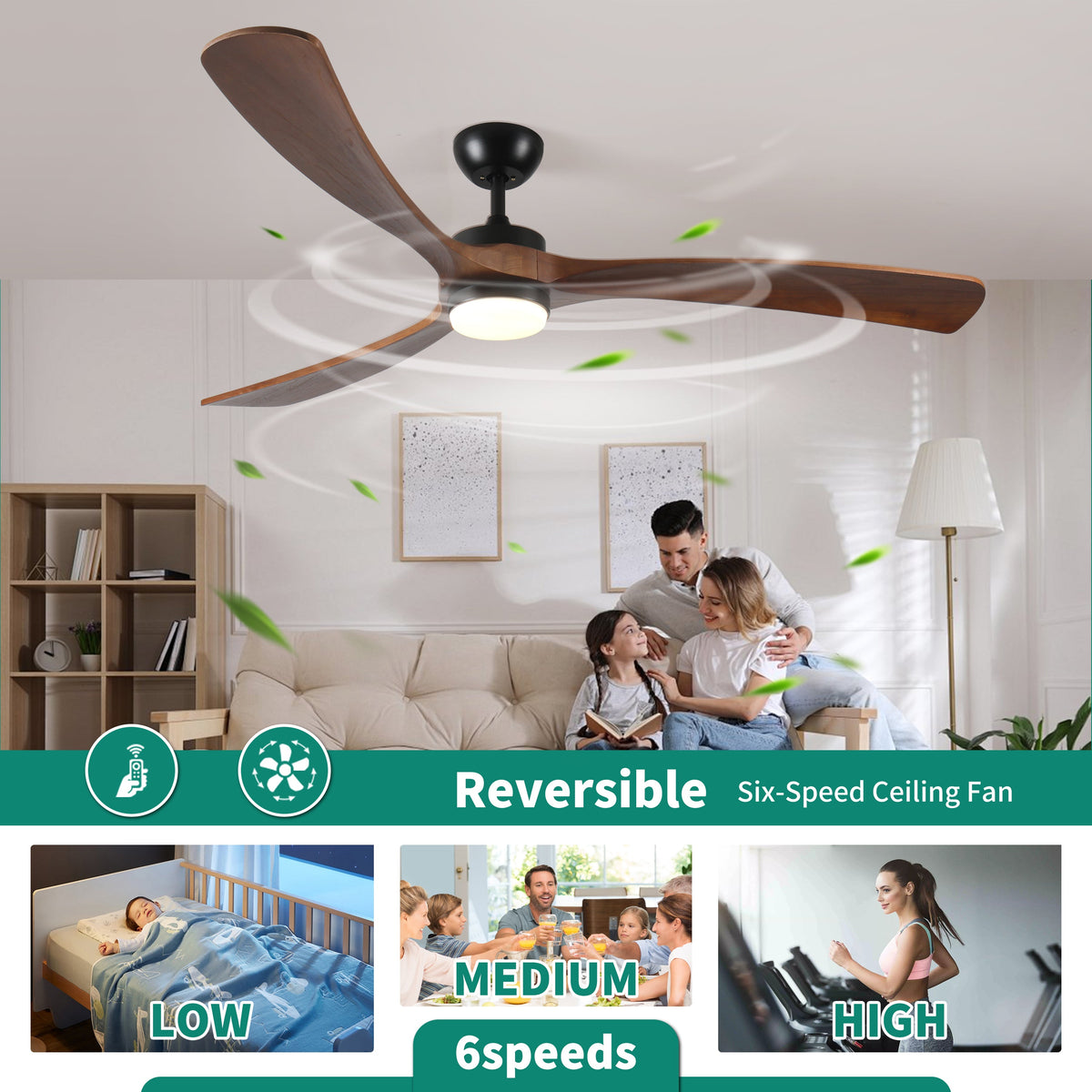 72 Inch Solid Wood Ceiling Fan with Lights and Remote Control
