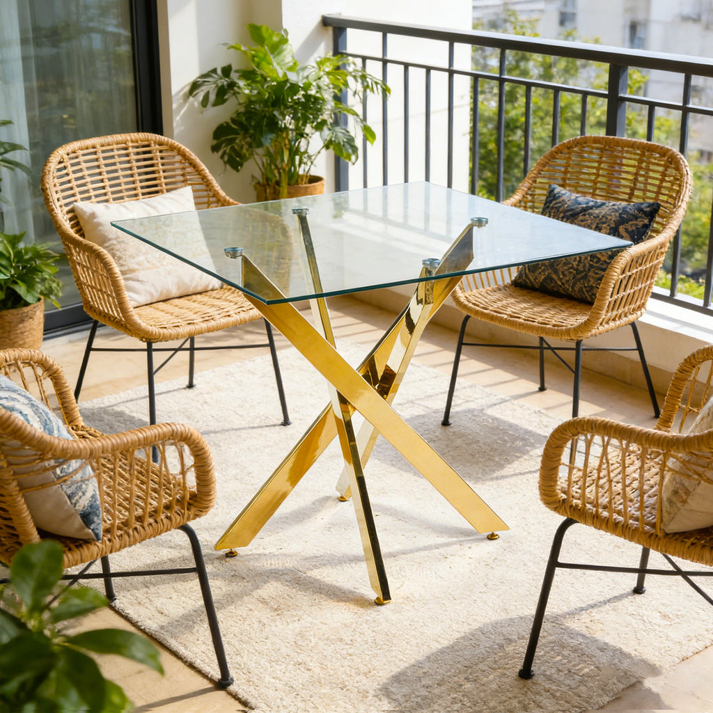 Dining Table with Cross Metal Leg and Tempered Glass