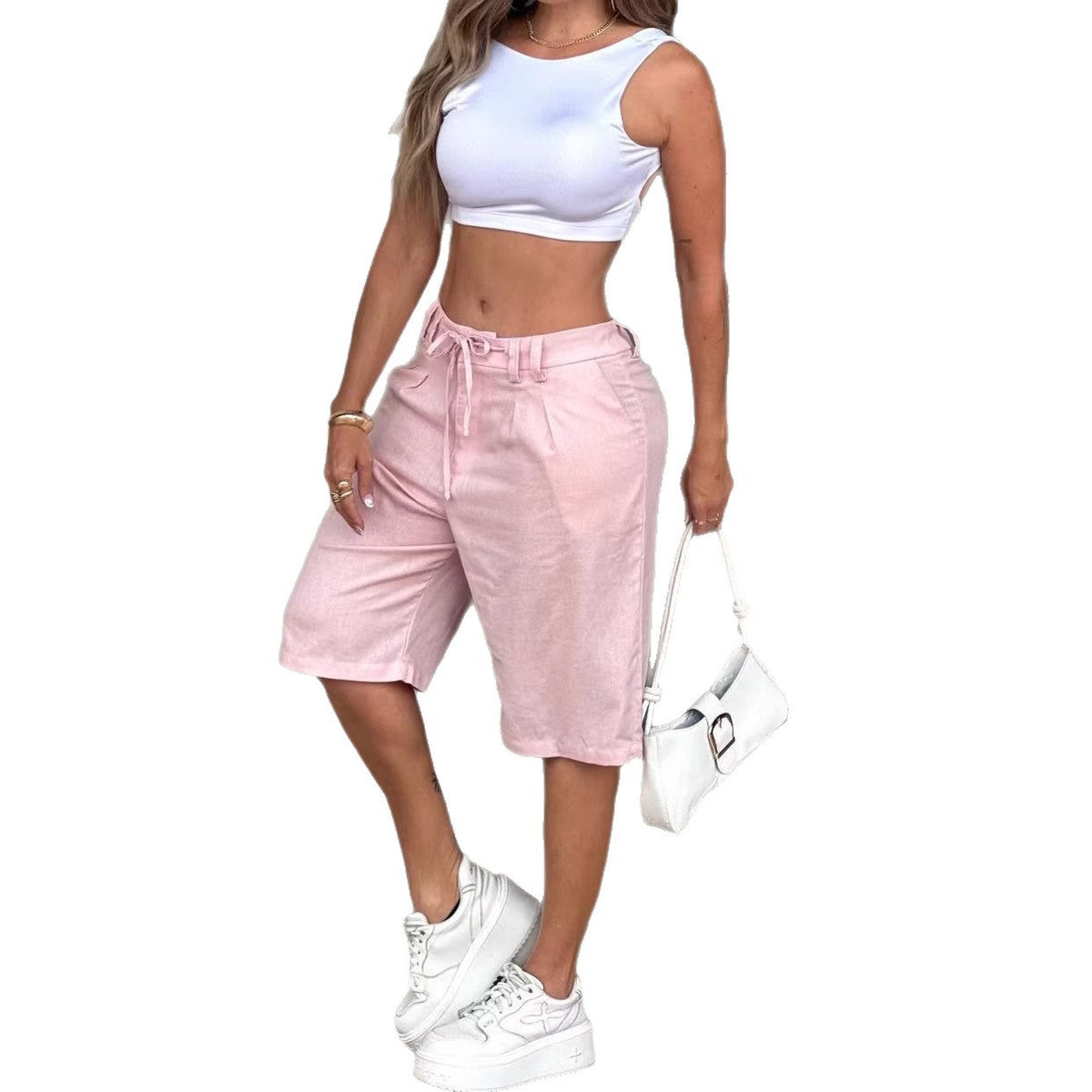 Womens Fashionable Casual Solid-Color Drawstring Shorts