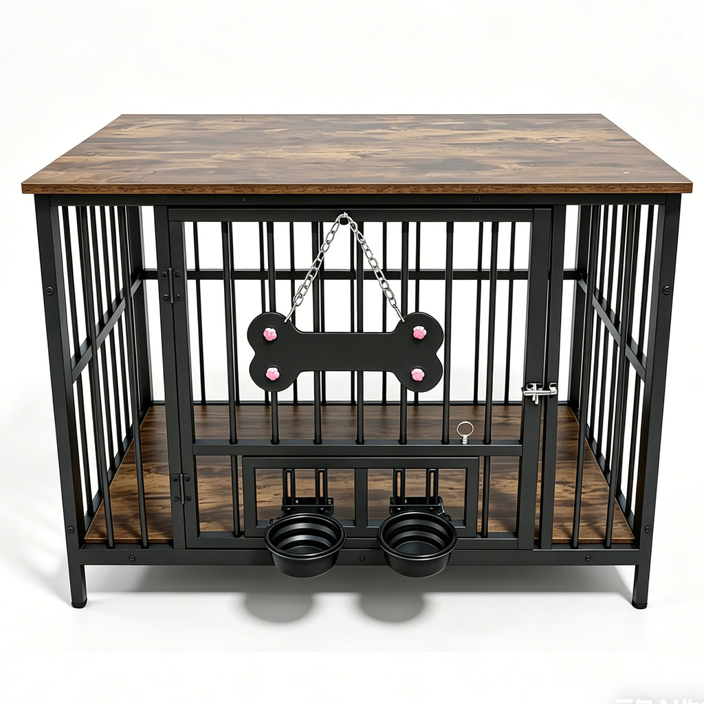 Vintage Wood Grain Dog Cage with 360 Degree Rotating Bowl