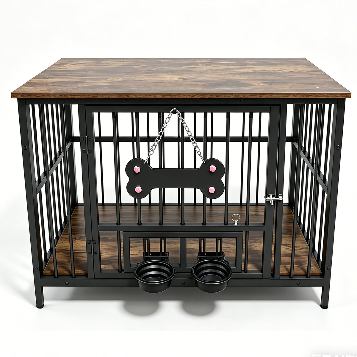Vintage Wood Grain Dog Cage with 360 Degree Rotating Bowl