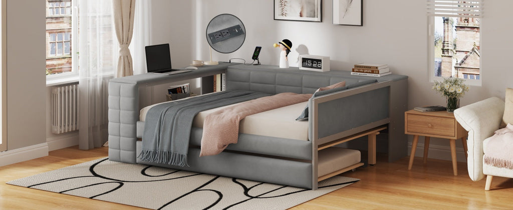 Full Size Upholstered Platform Bed with Storage Shelves, Desk, Charging Station and Trundle
