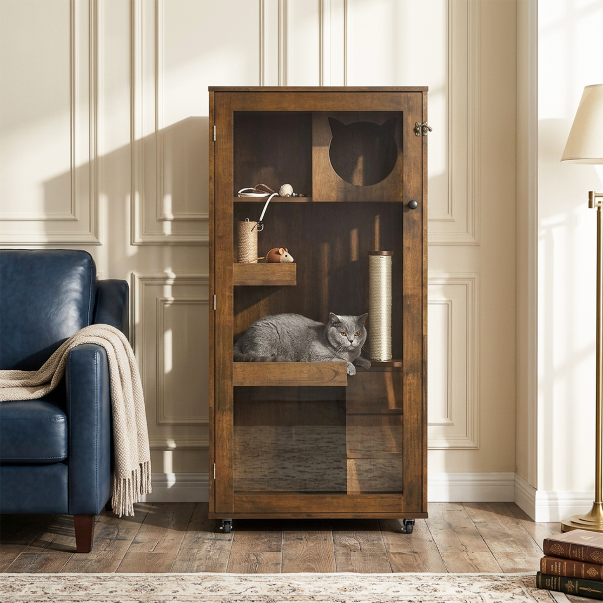 Basia Indoor Rubber Wood Cat Cabinet with Wheels