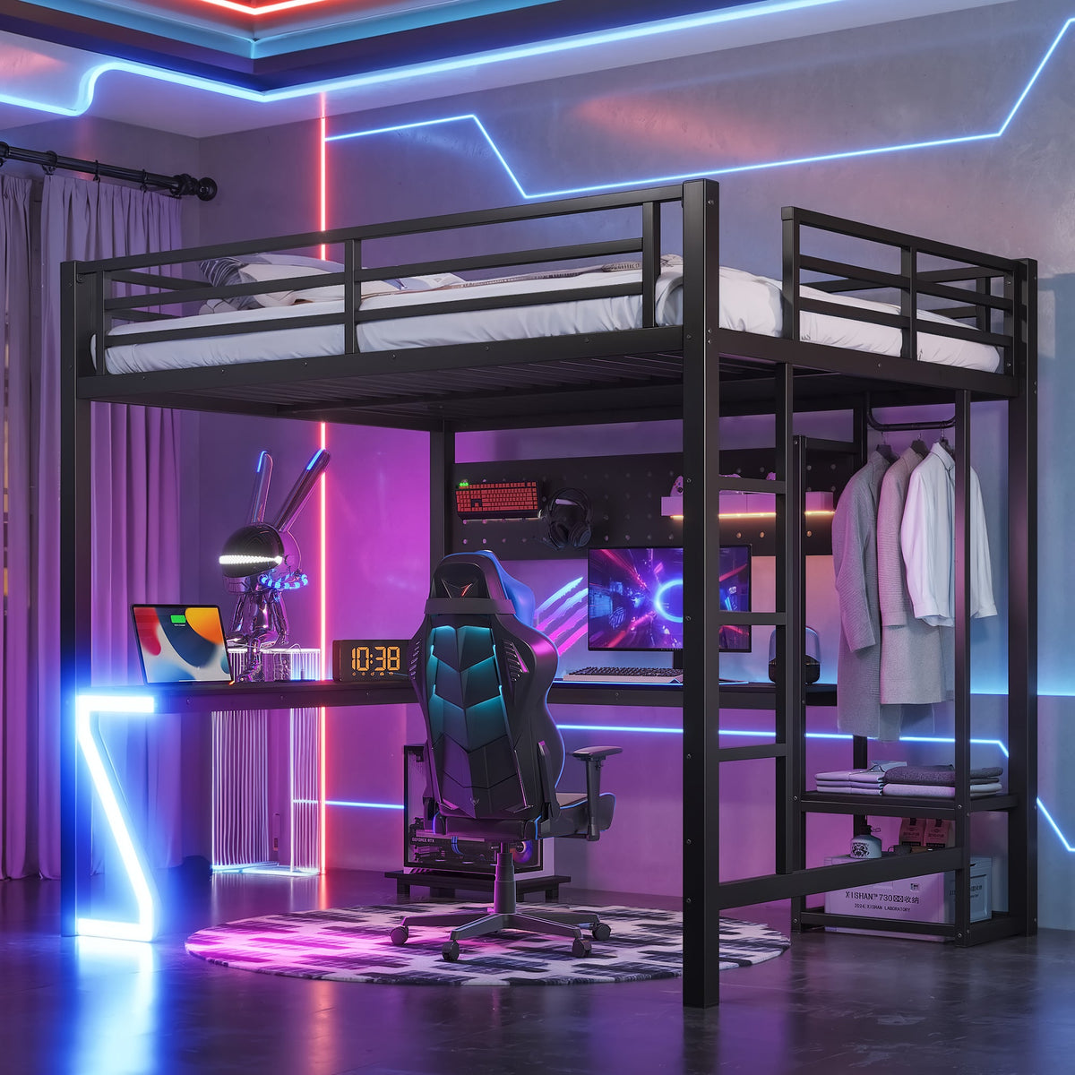 Queen Loft Bed with L-shaped Desk and USB Ports