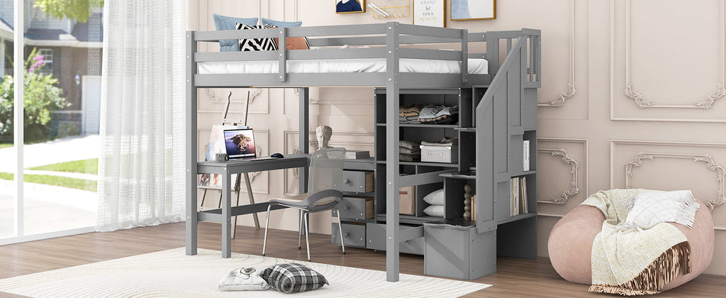 Full Size Loft Bed with L-Shaped Desk and Drawers