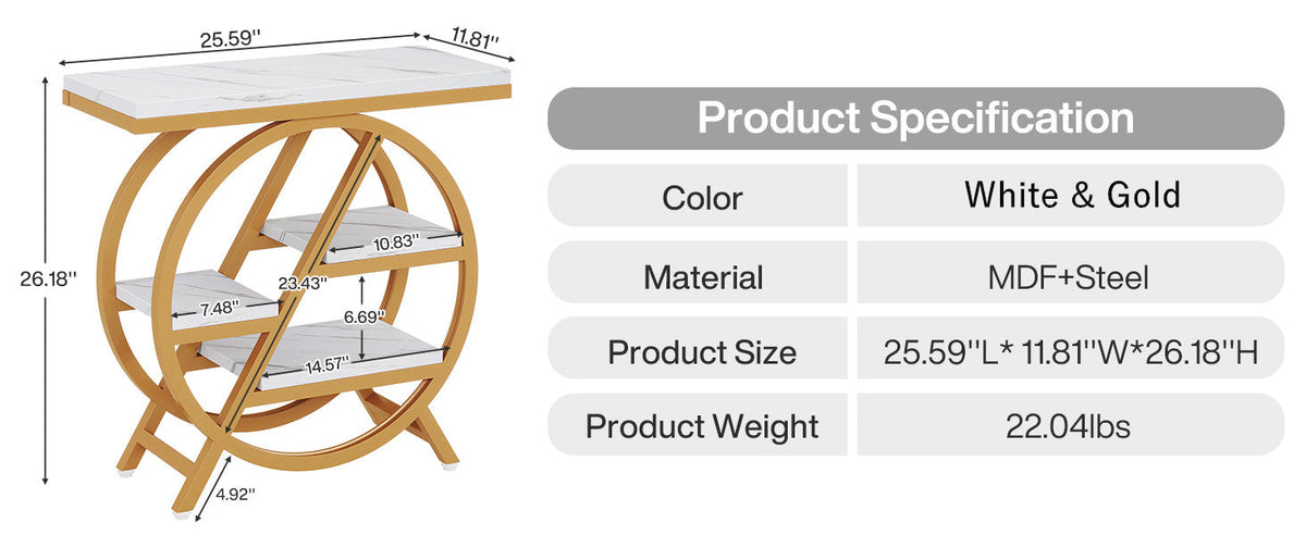 25.59 Inches 3-Tier Narrow End Table with Storage
