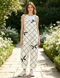Women White Plaid Bow Print Tie Strap Overalls, Loose Wide Leg Rolled Cuff Casual Jumpsuit With Pockets