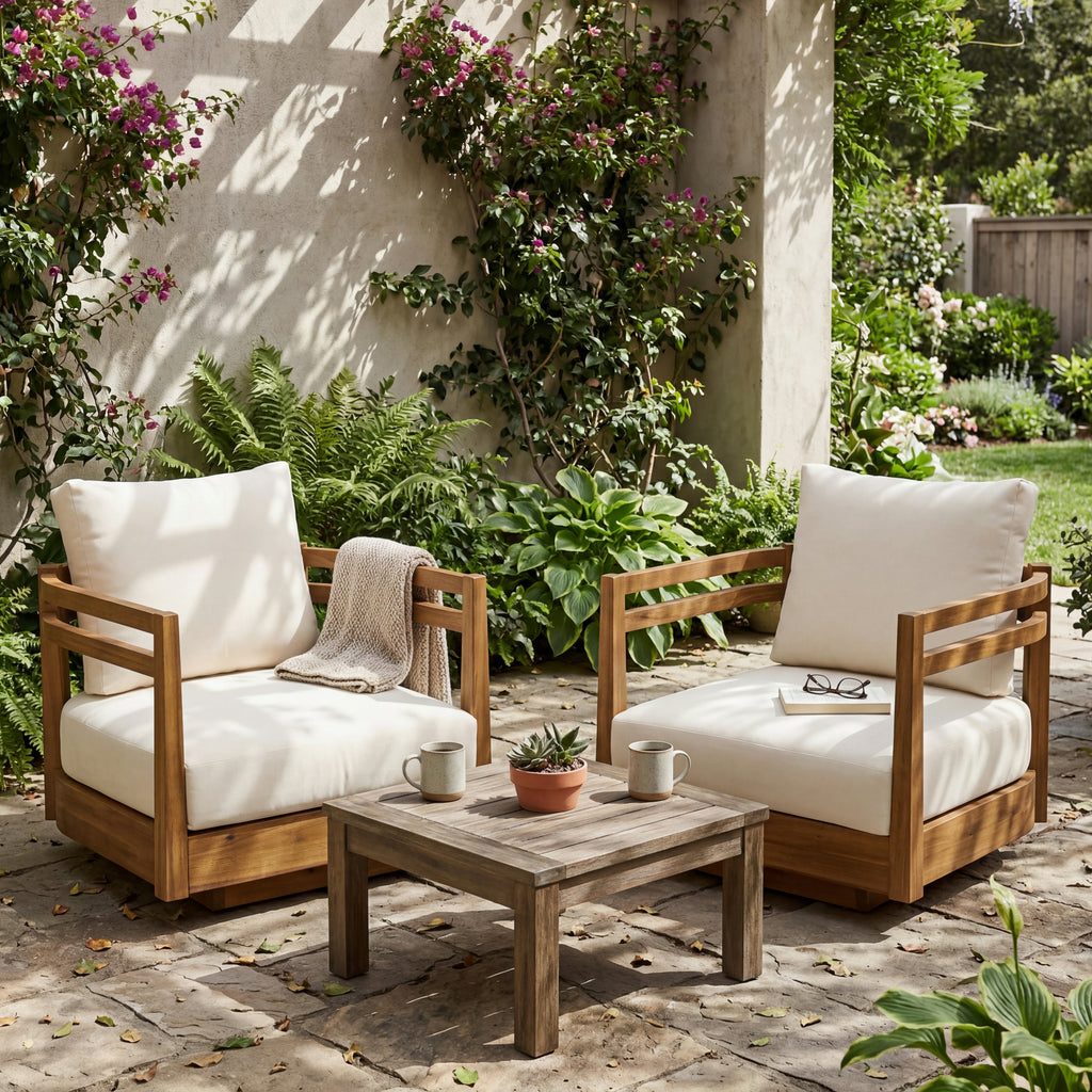 Set of 2 Acacia Wood Outdoor Swivel Chairs with Cushions