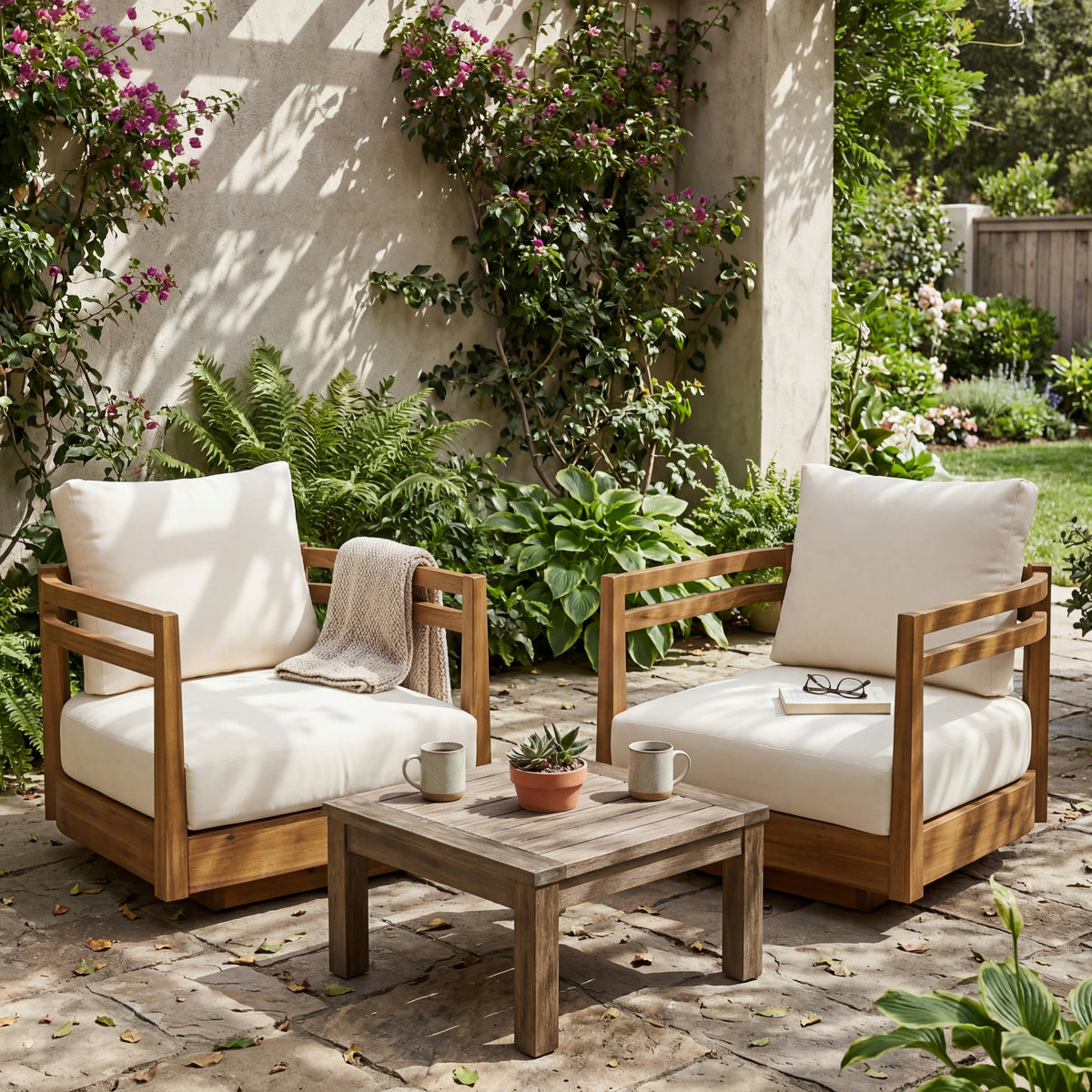 Set of 2 Acacia Wood Outdoor Swivel Chairs with Cushions