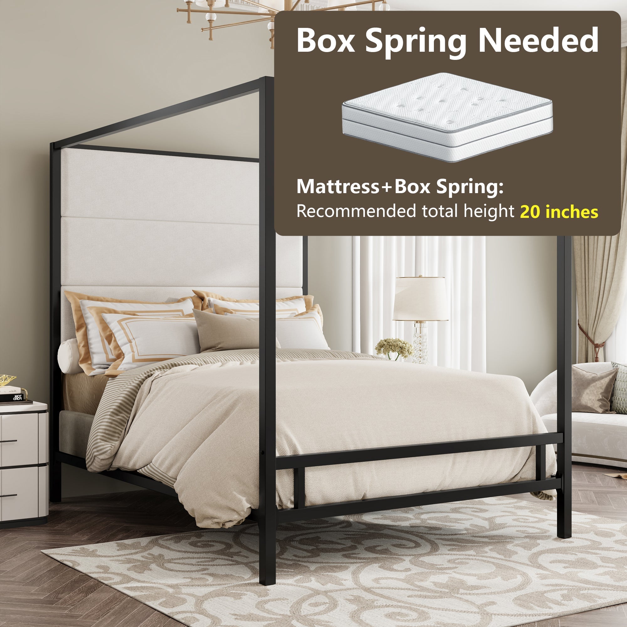 Modern Canopy Bed with Velvet Upholstered Headboard