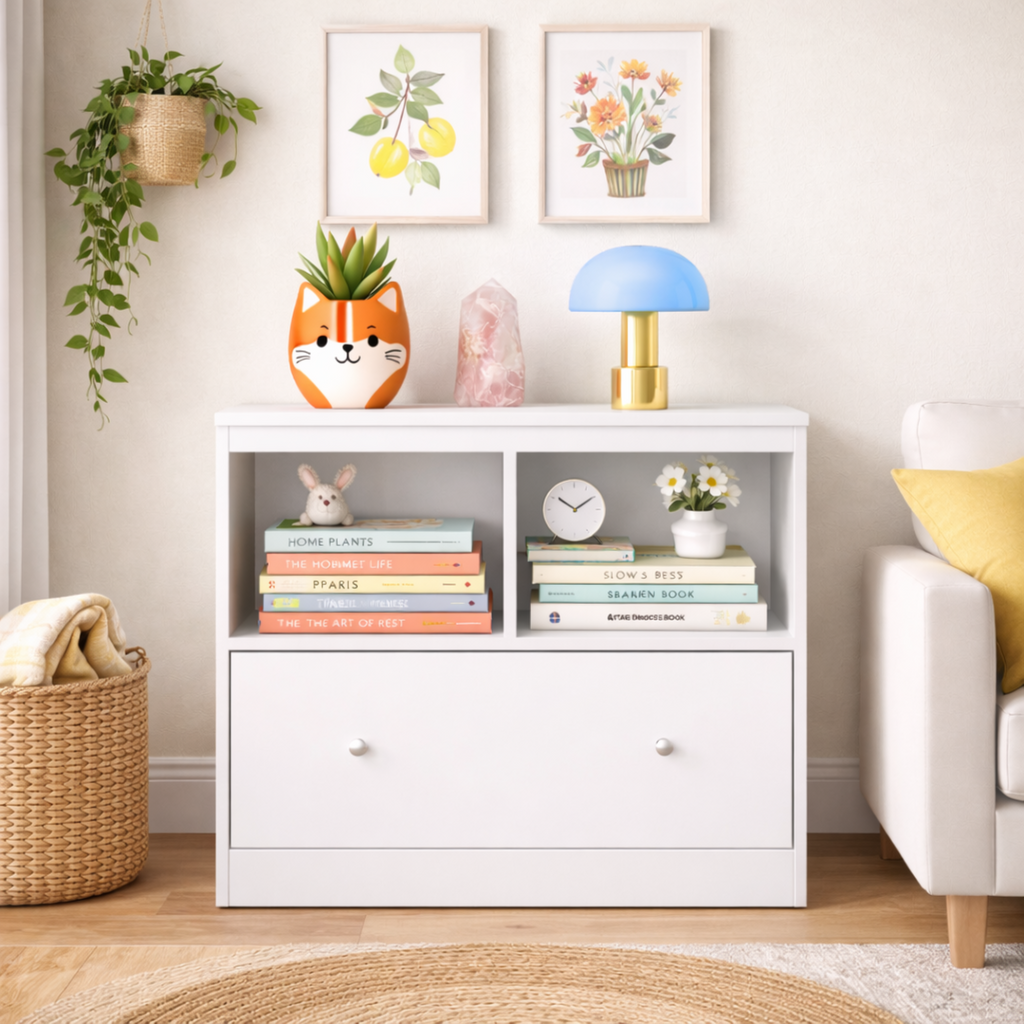 Kids Toy Storage Organizer with Large Drawer, Low Bookshelf