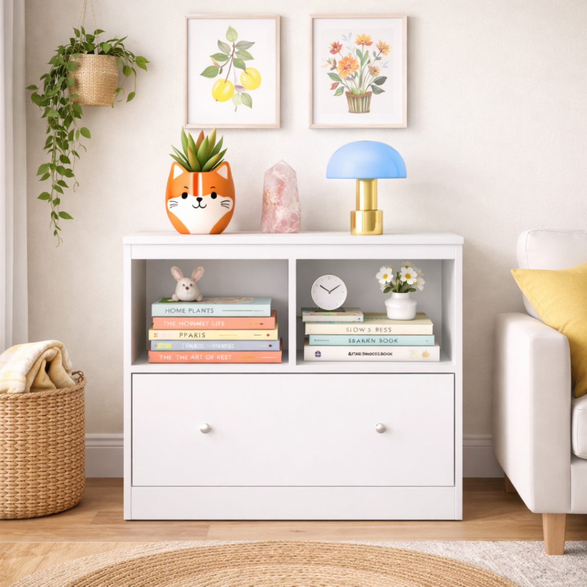 Kids Toy Storage Organizer with Large Drawer, Low Bookshelf