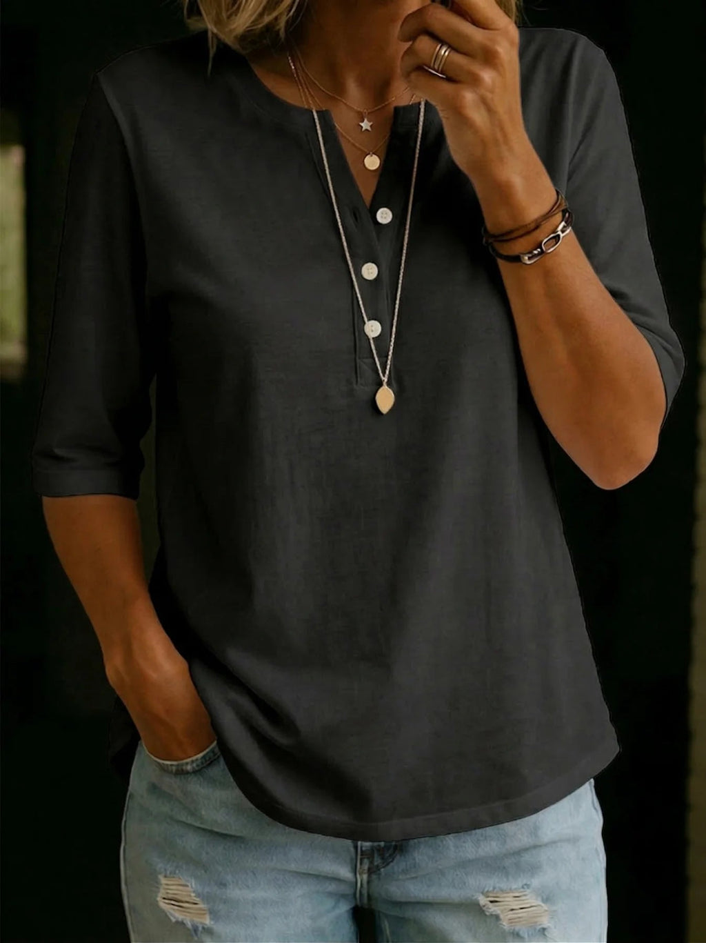 2026 Best Selling In Europe And The U.S Women's V Neck Button Down Short Sleeve Solid Color Casual T-Shirt Breathable And Comfortable, Suitable For A Variety Of Occasions