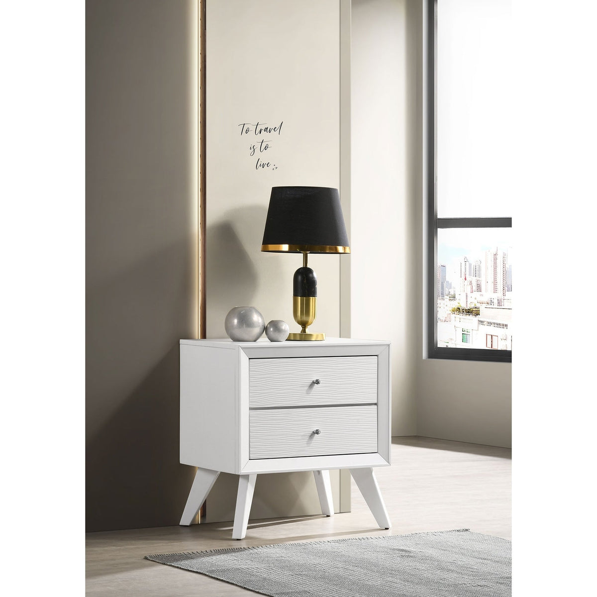 White King Size Bed 2x Nightstands Wave Texture Panel HB Bedroom Set