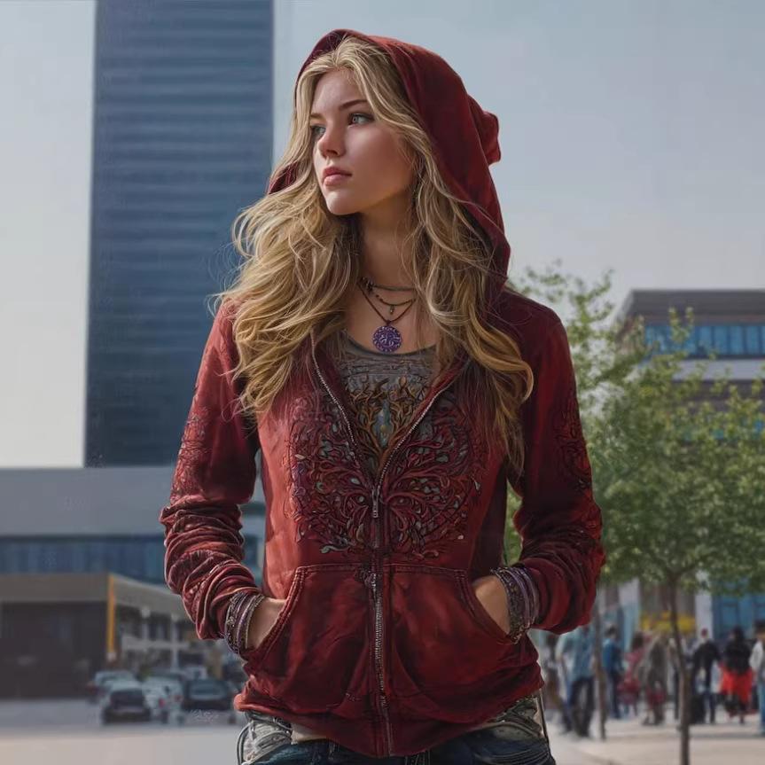 Printed Hooded Zip-Up Cardigan Fashionable Casual Womens Sweatshirt