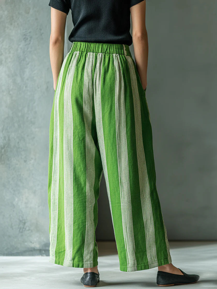 Autumn New European And American Cross-Border Women's Loose Casual Vacation Style Linen Striped Wide-Leg Pants With A High-End Feel